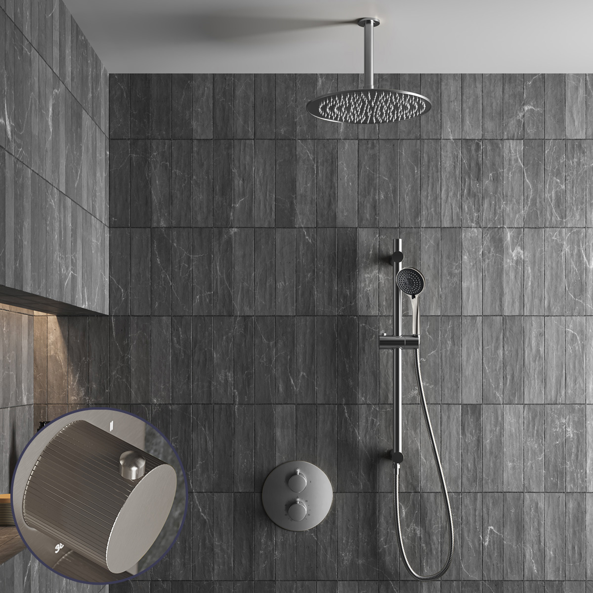 Saniclear Exclusive Stripes inbouw regendouche rond met 30cm hoofddouche, plafondarm, 3 standen handdouche en glijstang RVS