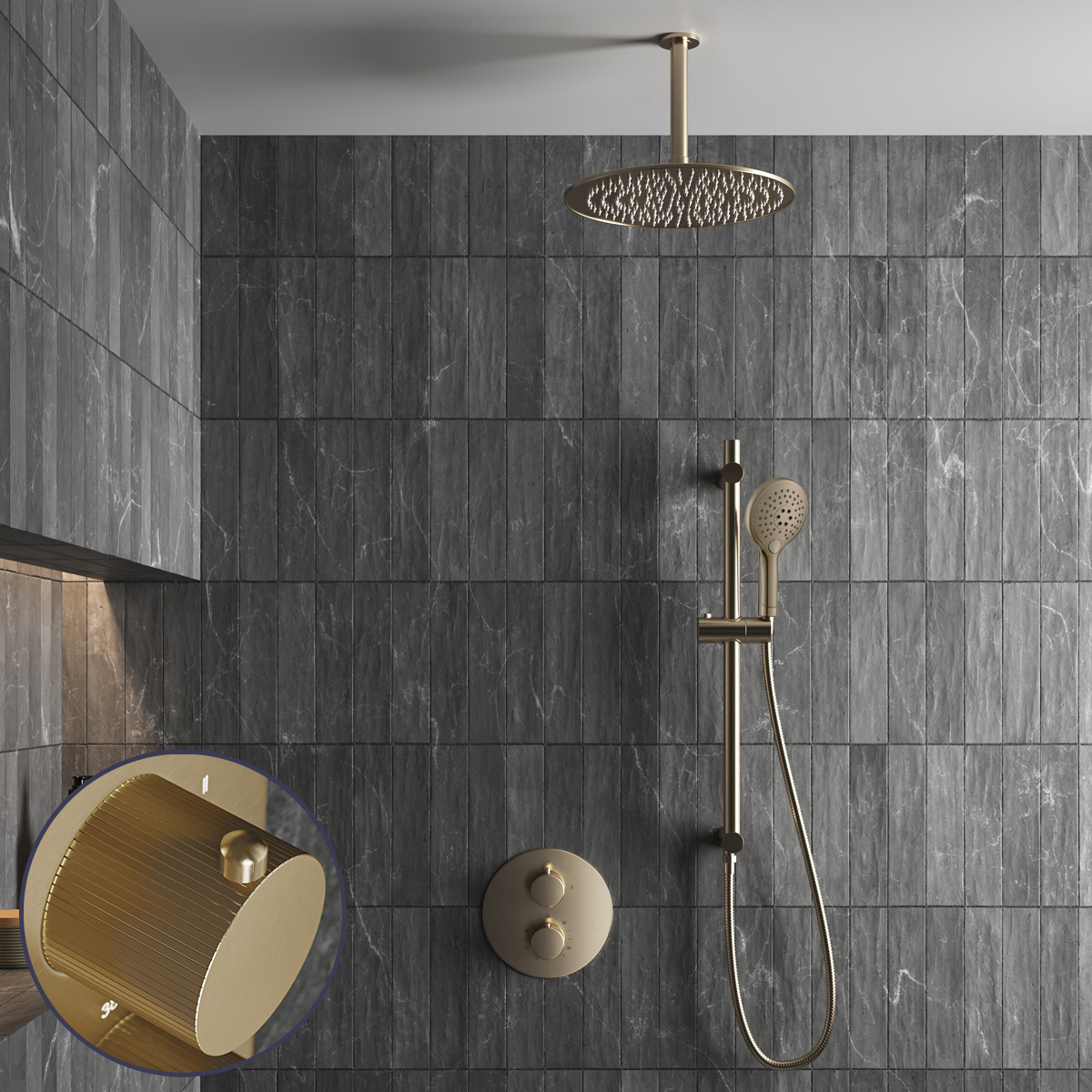 Saniclear Brass Stripes inbouw regendouche rond met 30cm hoofddouche, plafondarm, 2 standen handdouche en glijstang geborsteld messing - mat goud