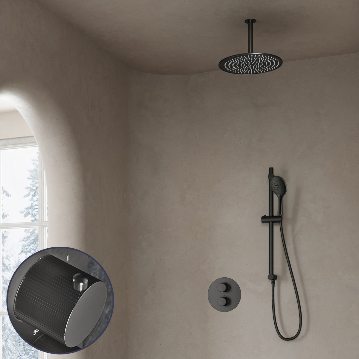 Saniclear Iron Stripes inbouw regendouche rond met 30cm hoofddouche, plafondarm, 2 standen handdouche en glijstang verouderd ijzer - gunmetal