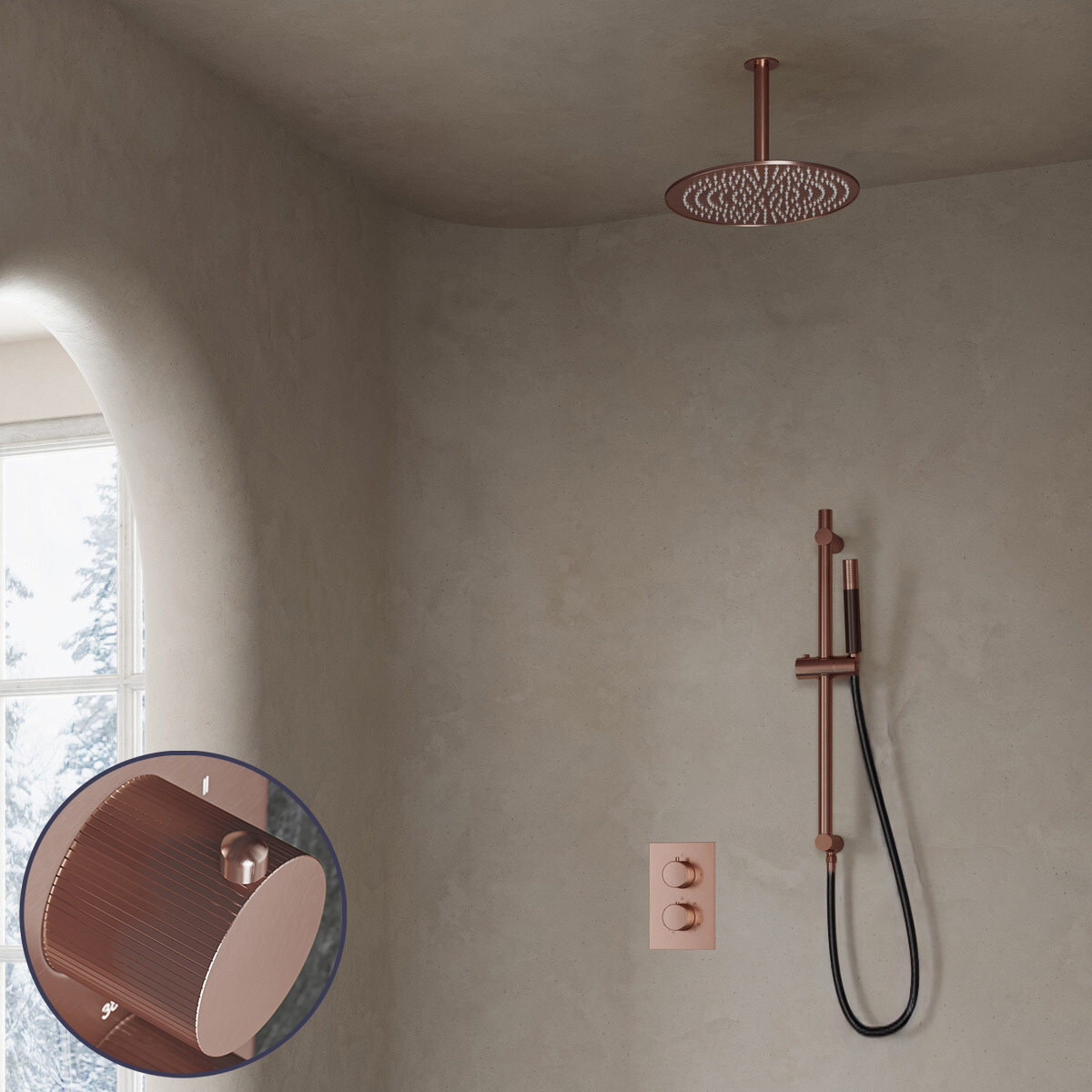 Saniclear Copper Stripes Pro inbouw regendouche met 30cm hoofddouche, plafondarm en glijstang geborsteld koper