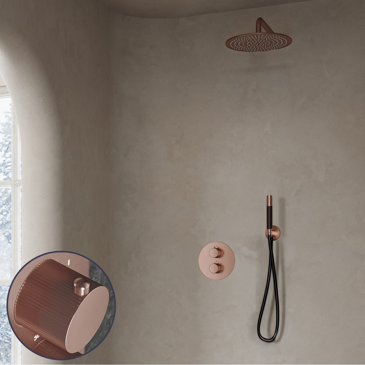 Saniclear Copper Stripes Pro inbouw regendouche rond met 30cm hoofddouche en muurarm geborsteld koper