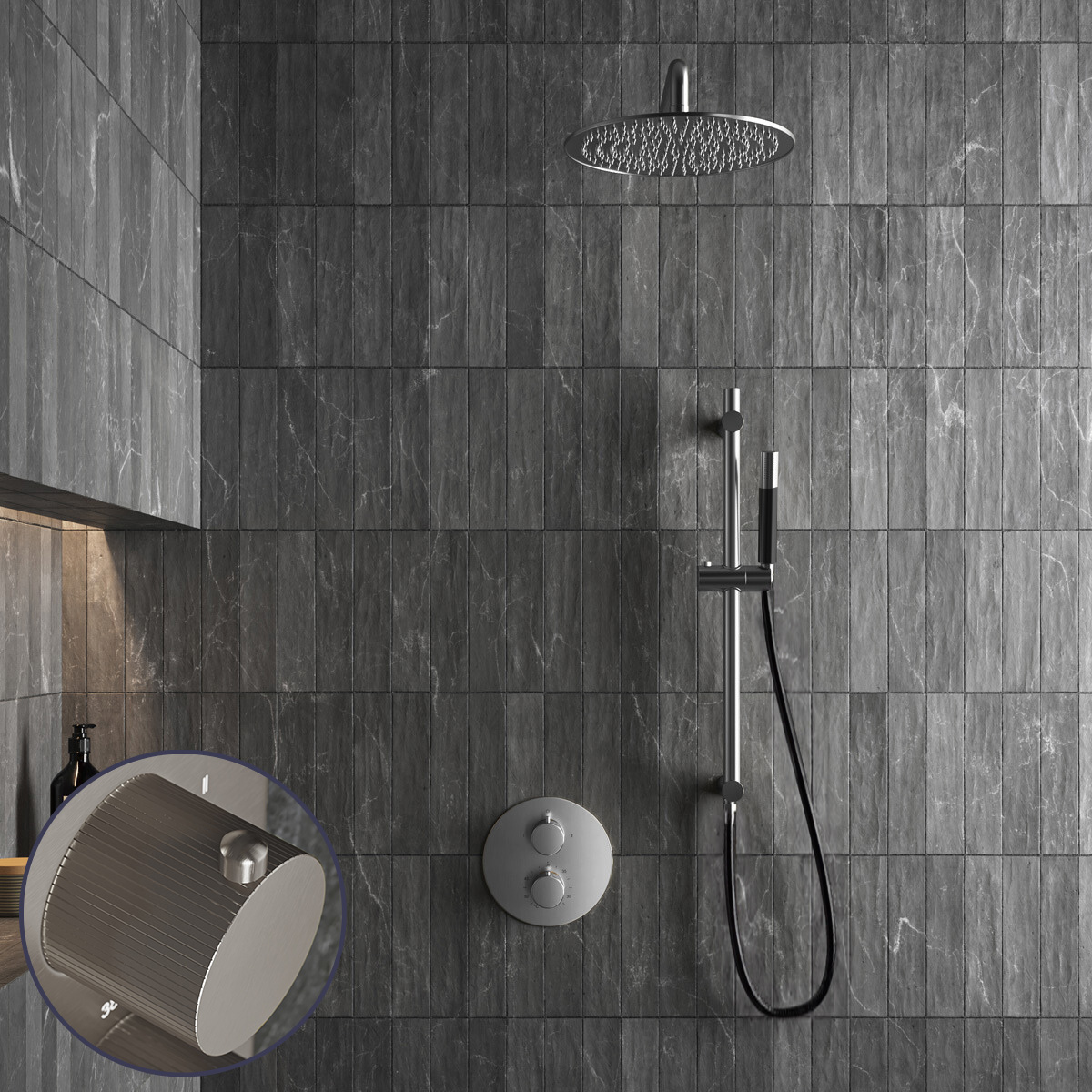 Saniclear Exclusive Stripes Pro inbouw regendouche rond met 30cm hoofddouche, muurarm en glijstang RVS