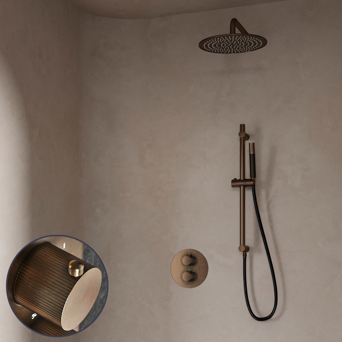 Saniclear Antique Stripes Pro inbouw regendouche rond met 30cm hoofddouche, muurarm en glijstang verouderd messing