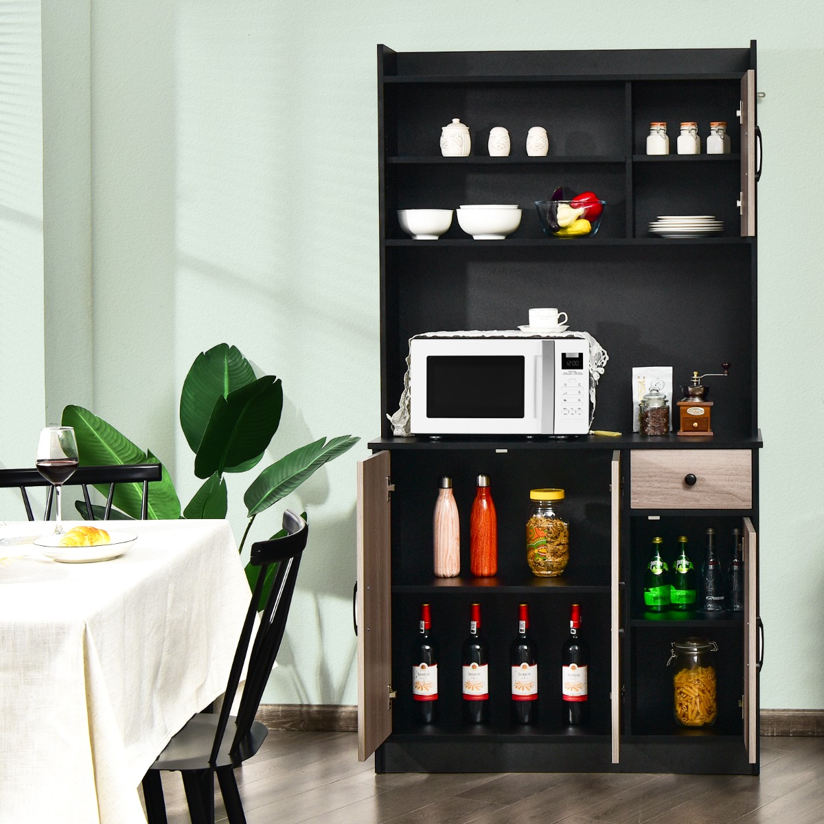 Costway 180cm Keukenkast met Werkblad Buffetkast met 4 Verstelbare Planken en Kabelopeningen Hoge Kast voor Keuken Woonkamer Zwart