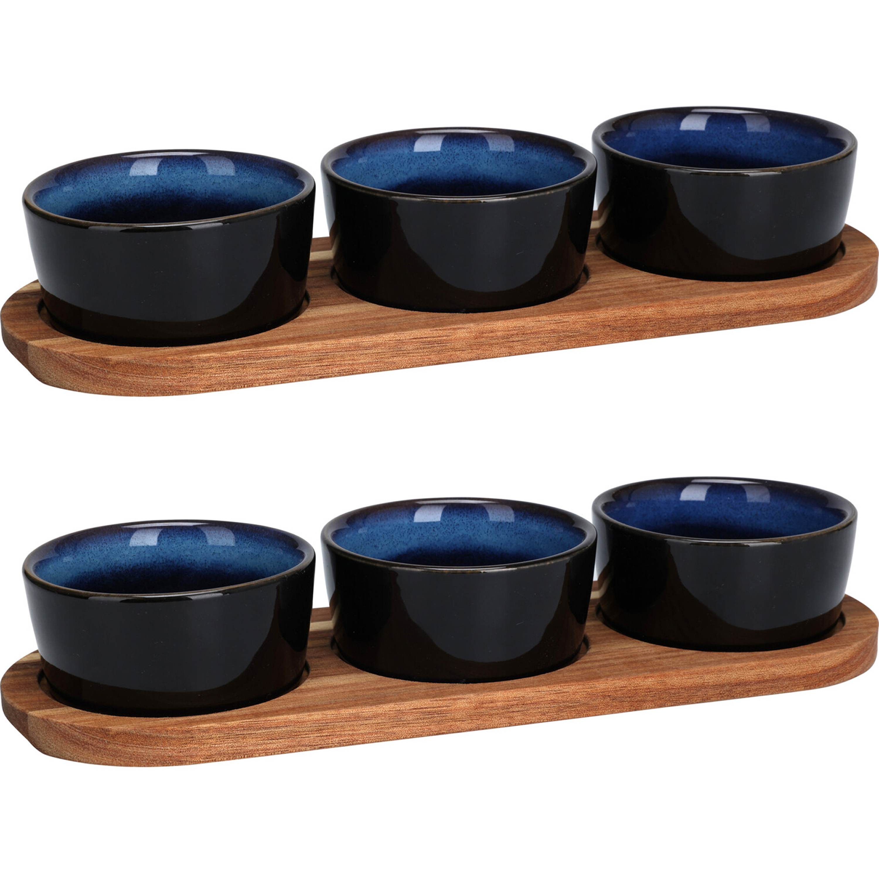 Excellent Houseware Serveerplank/borrelplank hapjes/saus/tapas - 2x - keramiek - blauw - incl. schaaltjes -