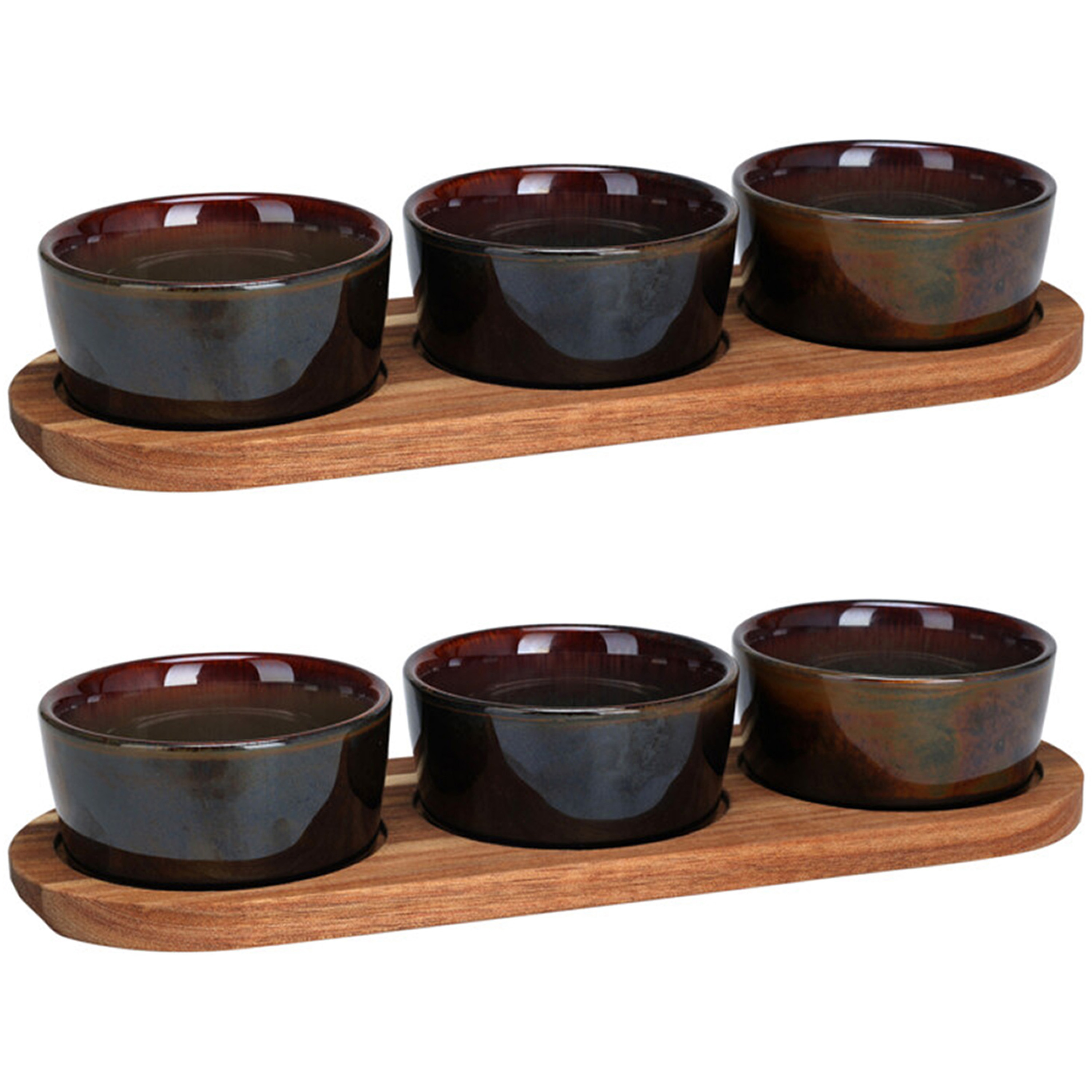 Excellent Houseware Serveerplank/borrelplank hapjes/saus/tapas - 2x - keramiek - bruin - incl. schaaltjes -