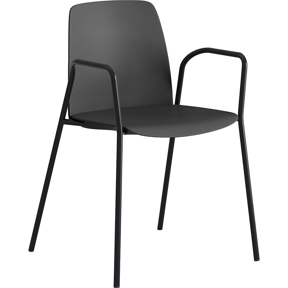 Stoel Helmer, zitting/rugleuning van kunststof, VE = 4 stuks, zitting donkergrijs, onderstel zwart, met armleuningen