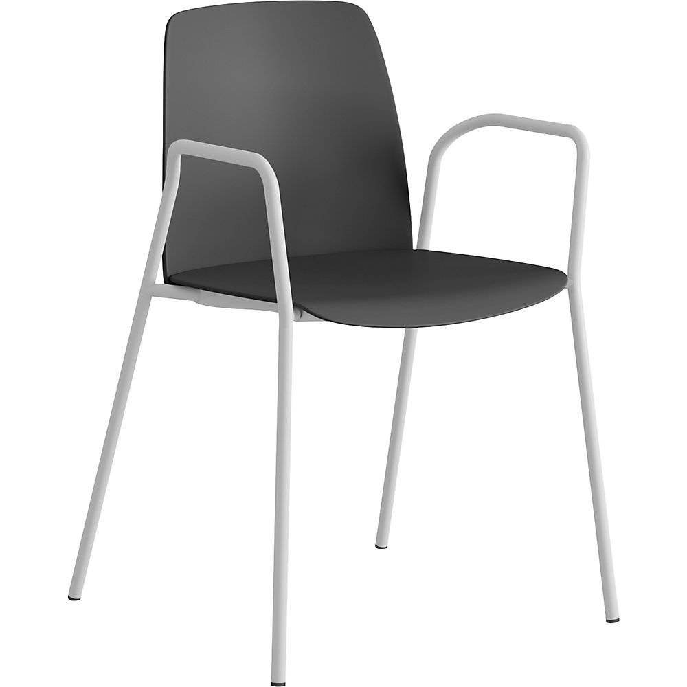 Stoel Helmer, zitting/rugleuning van kunststof, VE = 4 stuks, zitting donkergrijs, onderstel wit, met armleuningen