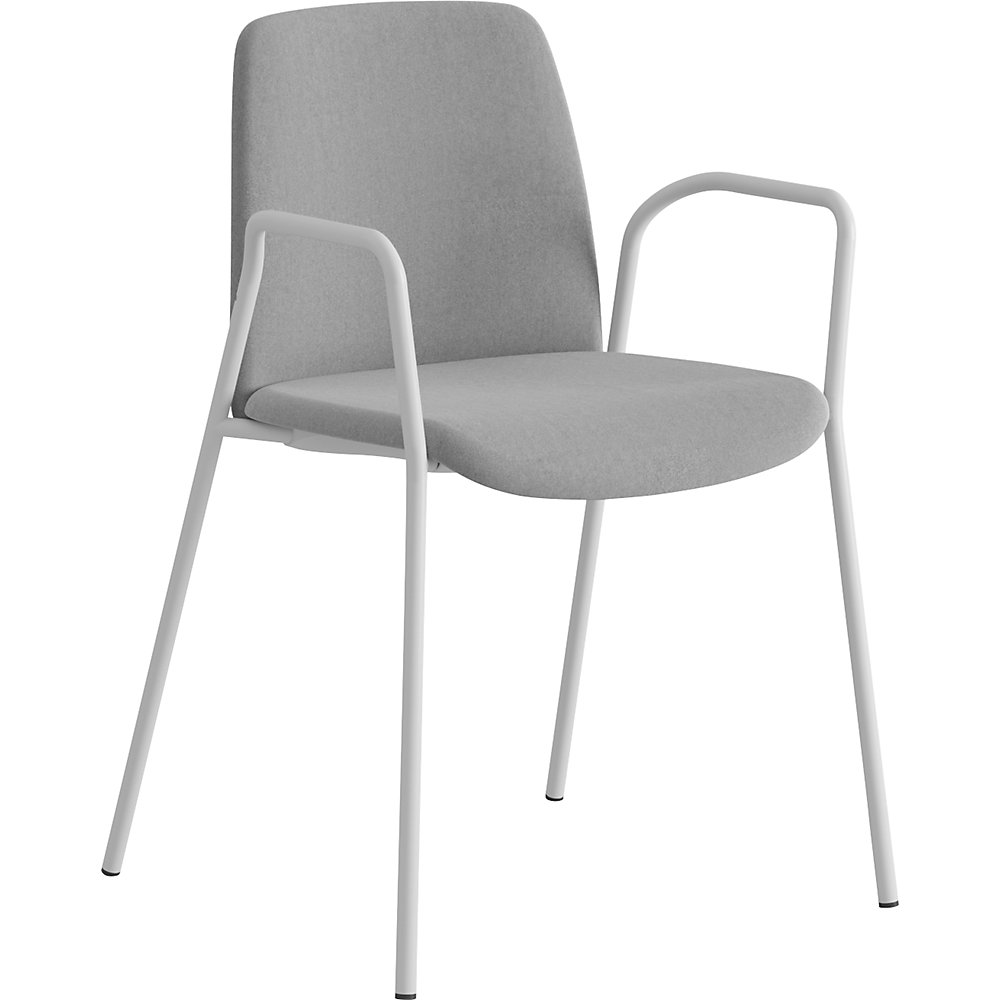 Stoel Helmer, zitting/rugleuning gestoffeerd, VE = 4 stuks, zitting lichtgrijs, onderstel wit, met armleuningen