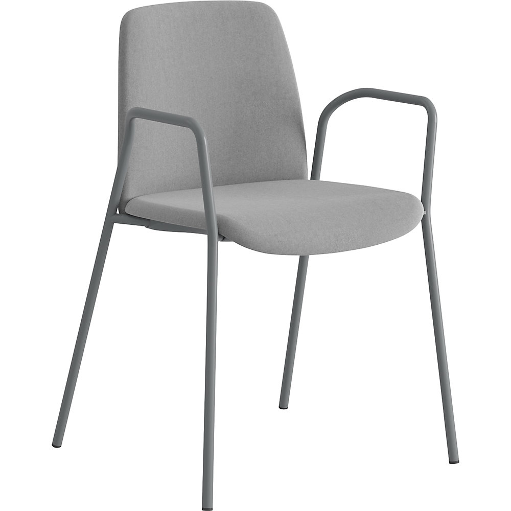 Stoel Helmer, zitting/rugleuning gestoffeerd, VE = 4 stuks, zitting lichtgrijs, onderstel zilver, met armleuningen