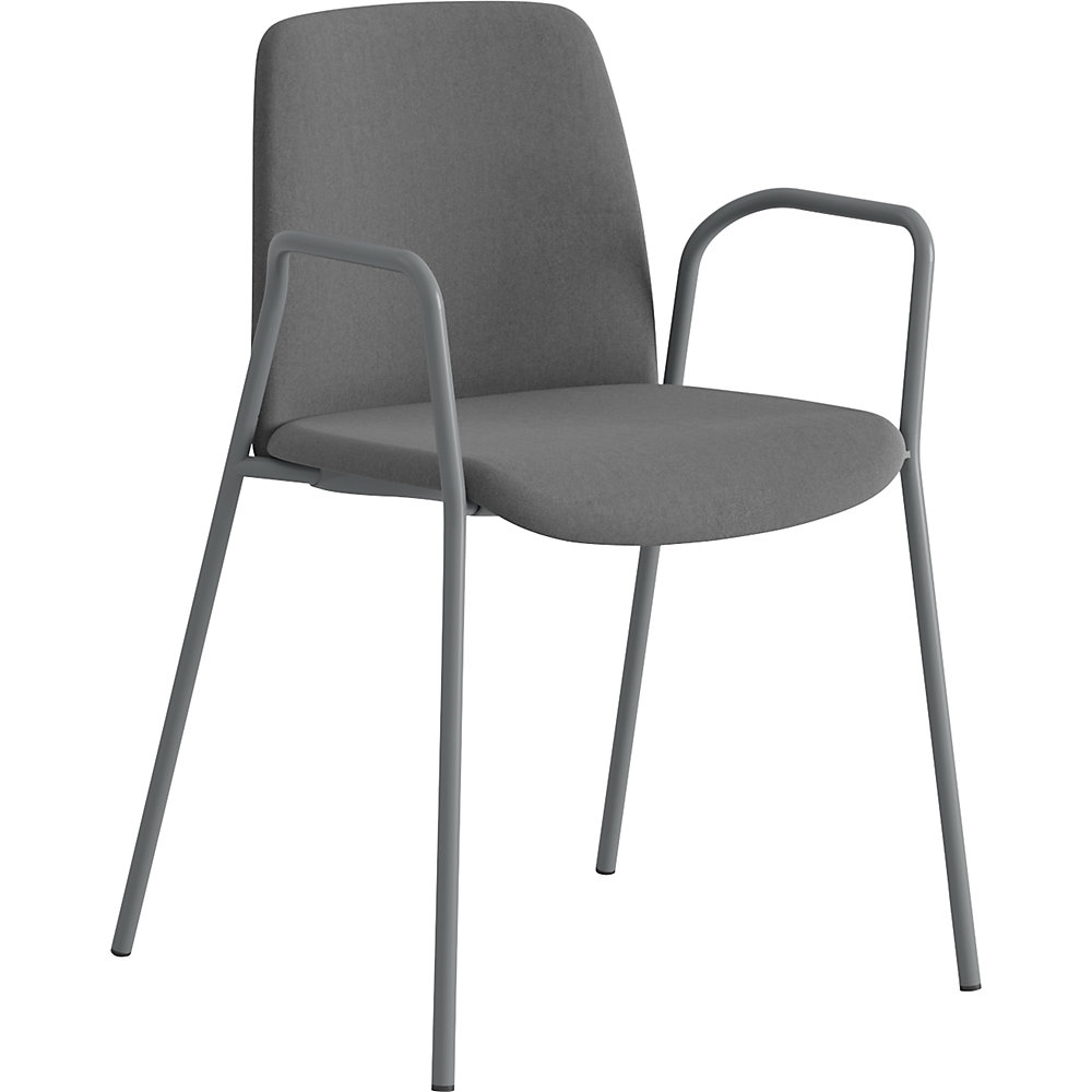 Stoel Helmer, zitting/rugleuning gestoffeerd, VE = 4 stuks, zitting donkergrijs, onderstel zilver, met armleuningen