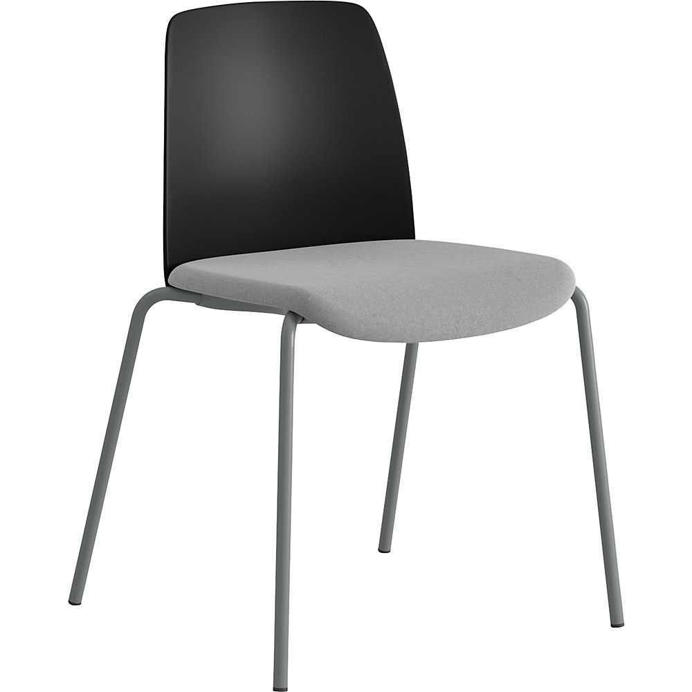 Stoel Helmer, zitting gestoffeerd, rugleuning kunststof, VE = 4 stuks, zitting zwart/lichtgrijs, onderstel zilver
