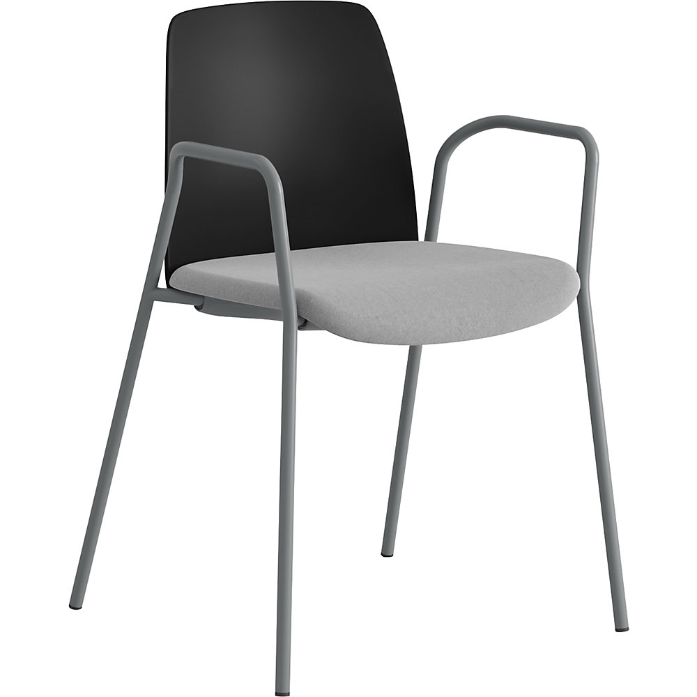 Stoel Helmer, zitting gestoffeerd, rugleuning kunststof, VE = 4 stuks, zitting zwart/lichtgrijs, onderstel zilver, met armleuningen