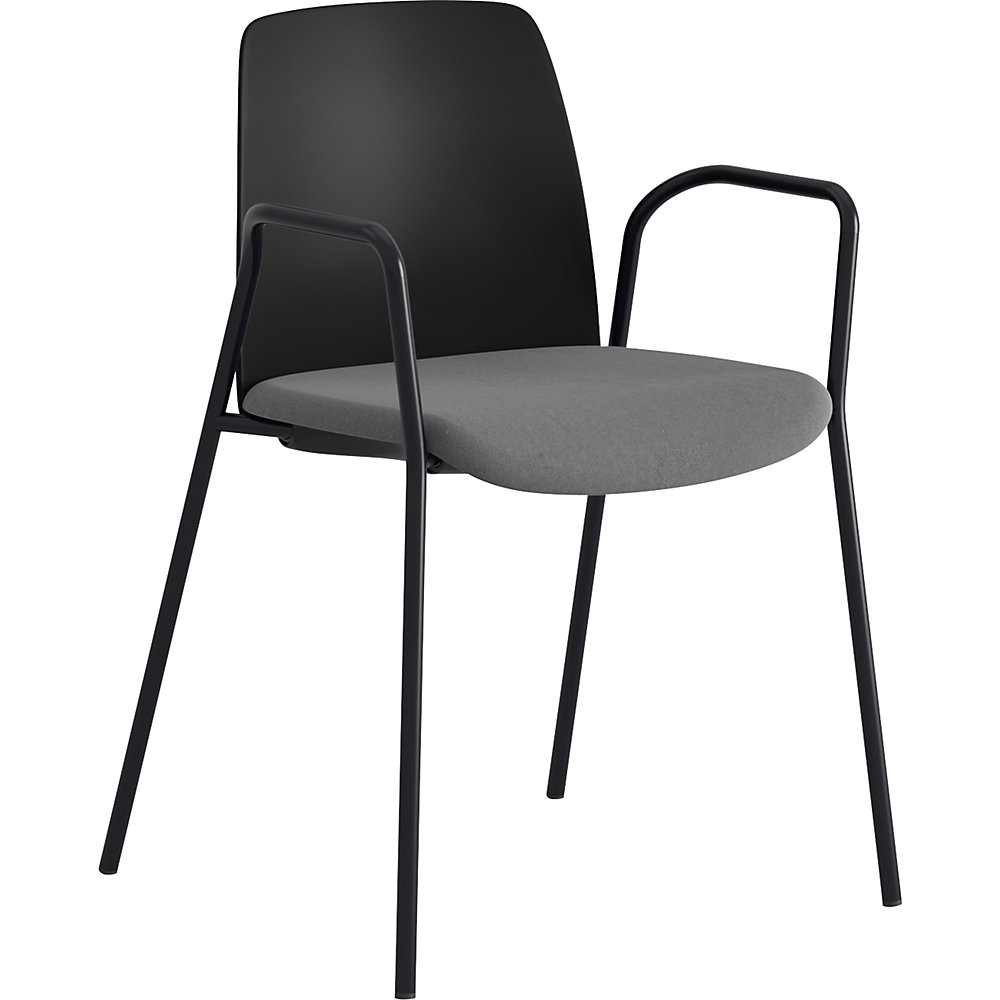 Stoel Helmer, zitting gestoffeerd, rugleuning kunststof, VE = 4 stuks, zitting zwart/donkergrijs, onderstel zwart, met armleuningen