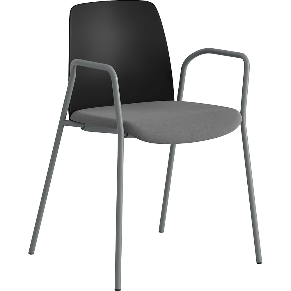 Stoel Helmer, zitting gestoffeerd, rugleuning kunststof, VE = 4 stuks, zitting zwart/donkergrijs, onderstel zilver, met armleuningen