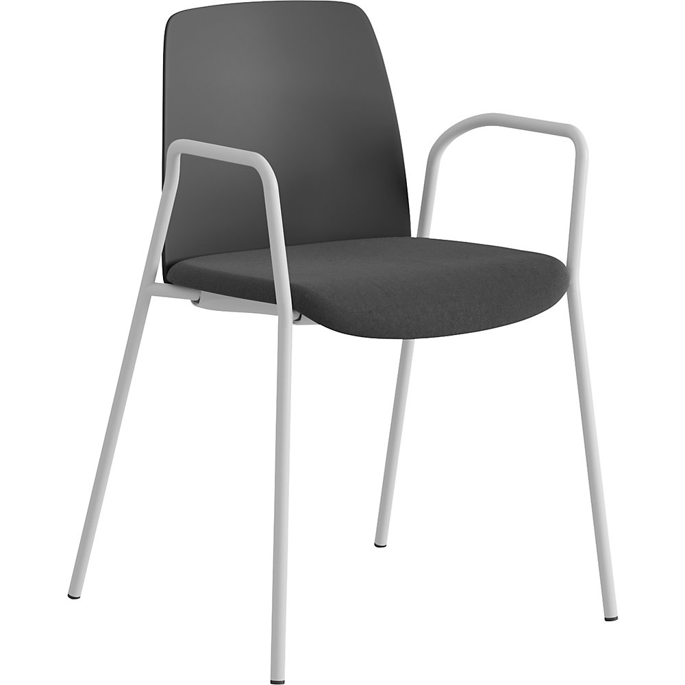 Stoel Helmer, zitting gestoffeerd, rugleuning kunststof, VE = 4 stuks, zitting donkergrijs/zwart, onderstel wit, met armleuningen