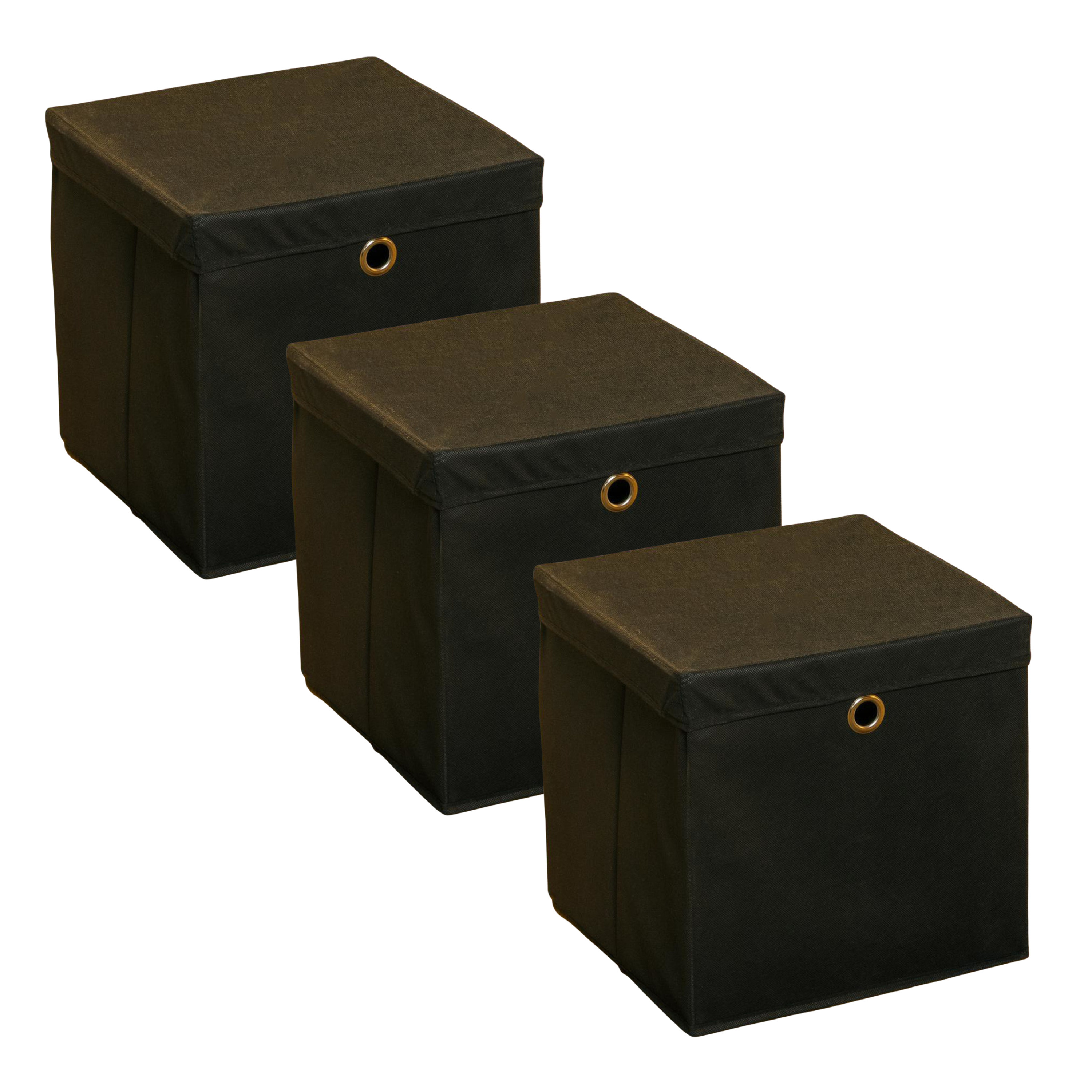 HI Opbergmand - 3x - zwart - 30 x 30 cm - kunststof - met deksel -