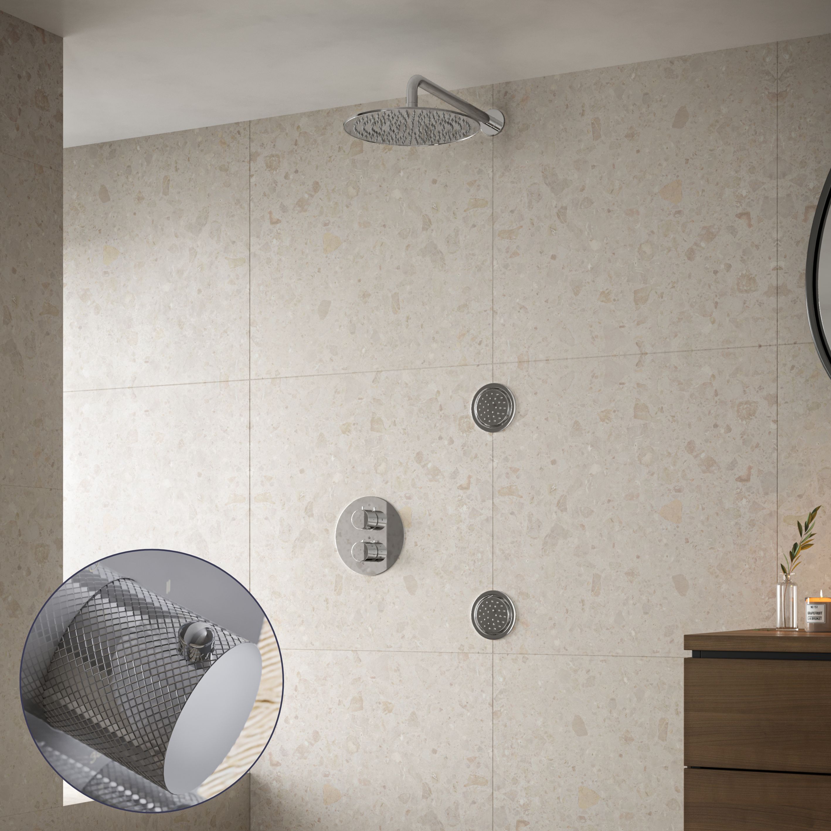 Saniclear Talpa Curved inbouw regendouche 20cm met ronde massagejets en muurarm chroom