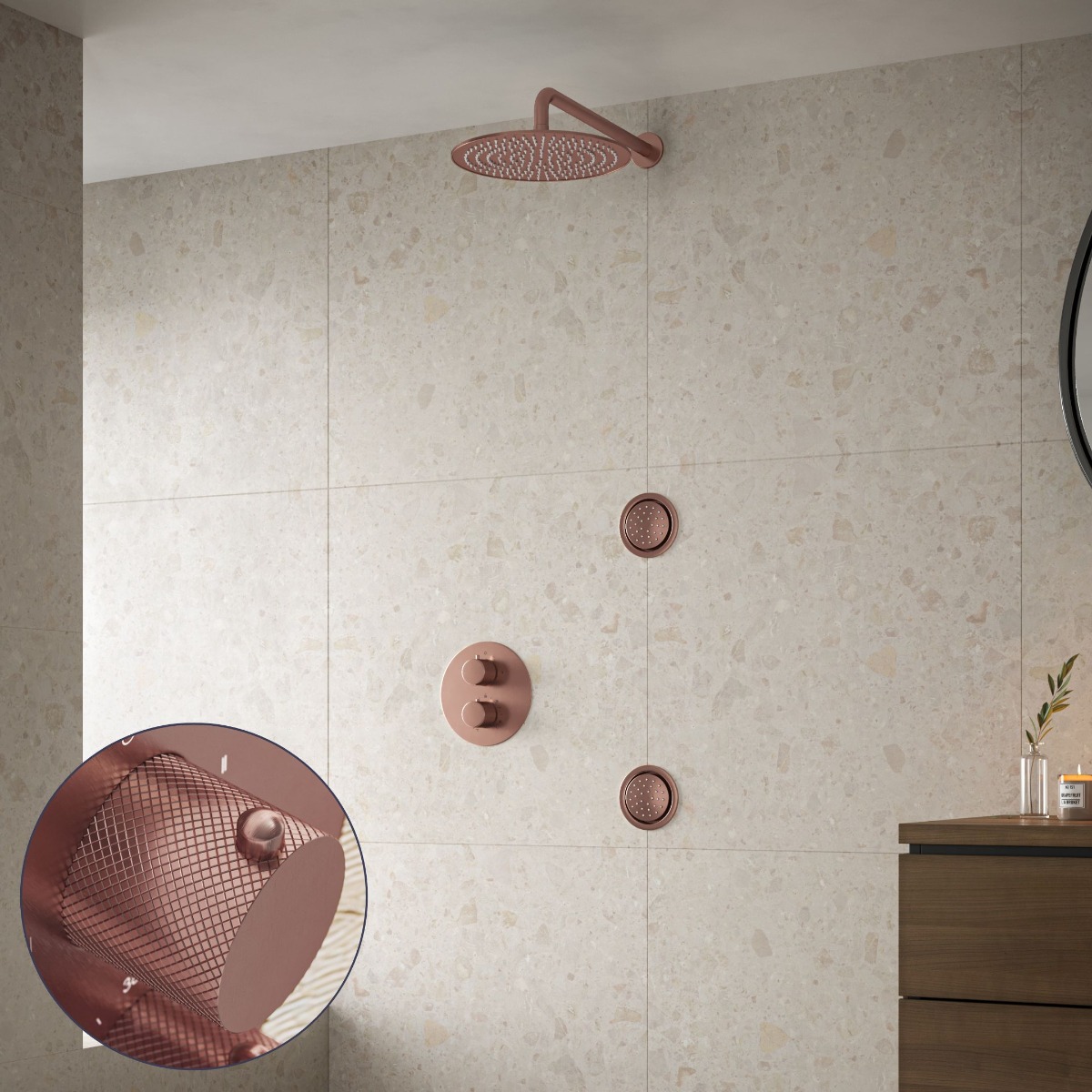 Saniclear Copper Curved inbouw regendouche 20cm met ronde massagejets en muurarm geborsteld koper