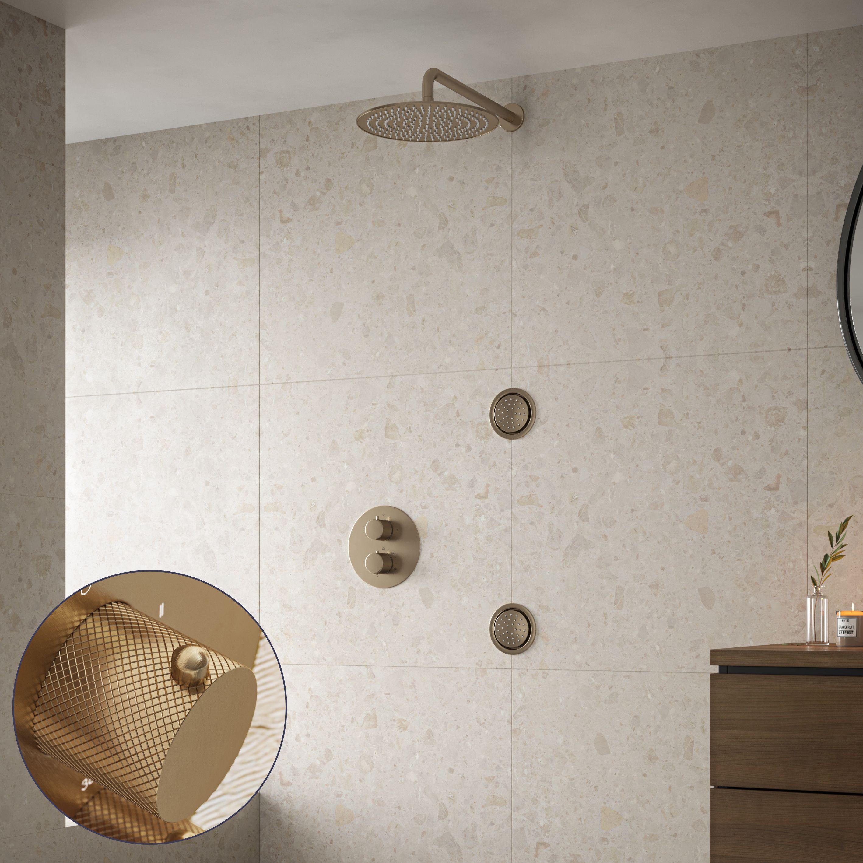 Saniclear Brass Curved inbouw regendouche 20cm met ronde massagejets en muurarm geborsteld messing - mat goud