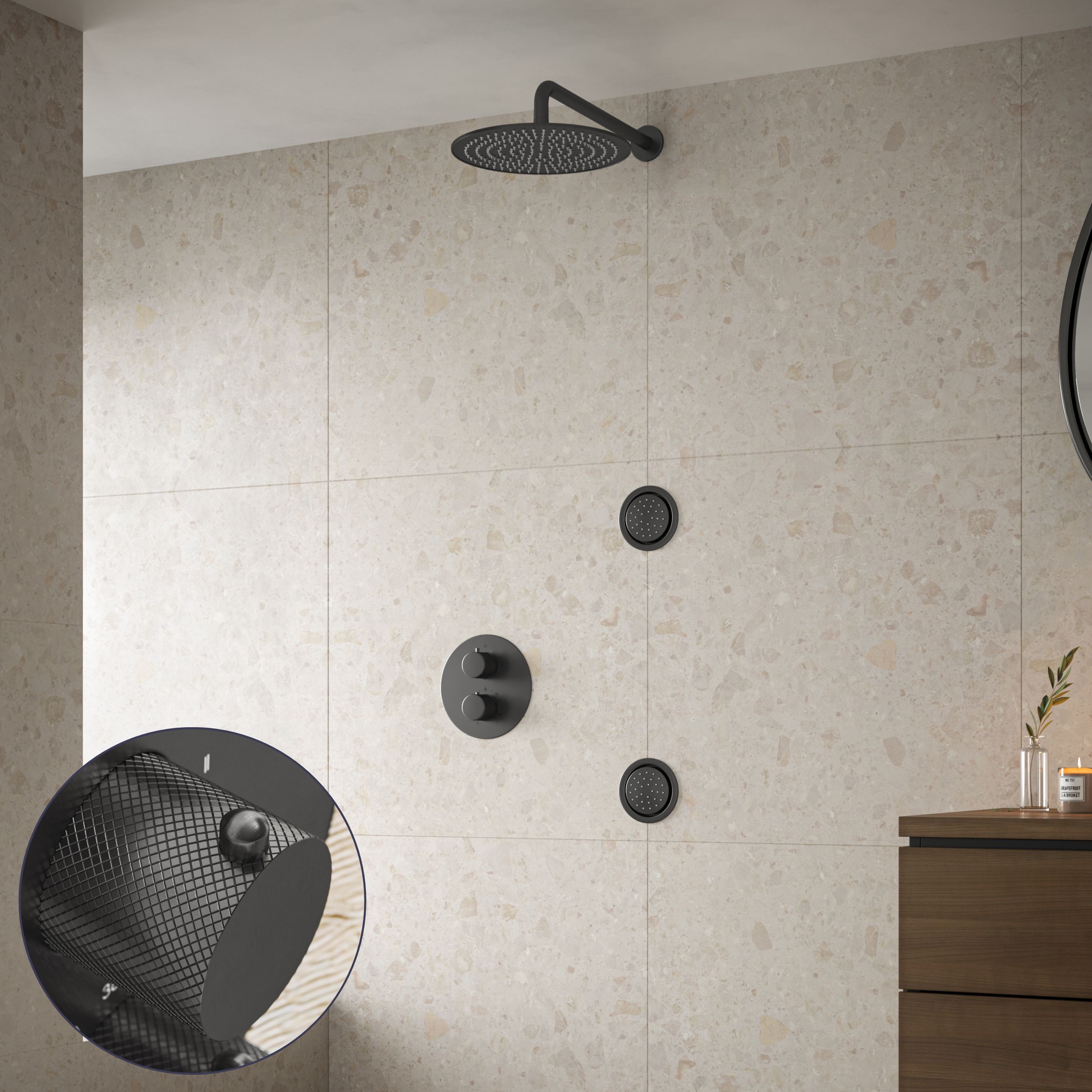 Saniclear Iron Curved inbouw regendouche 20cm met ronde massagejets en muurarm verouderd ijzer - gunmetal