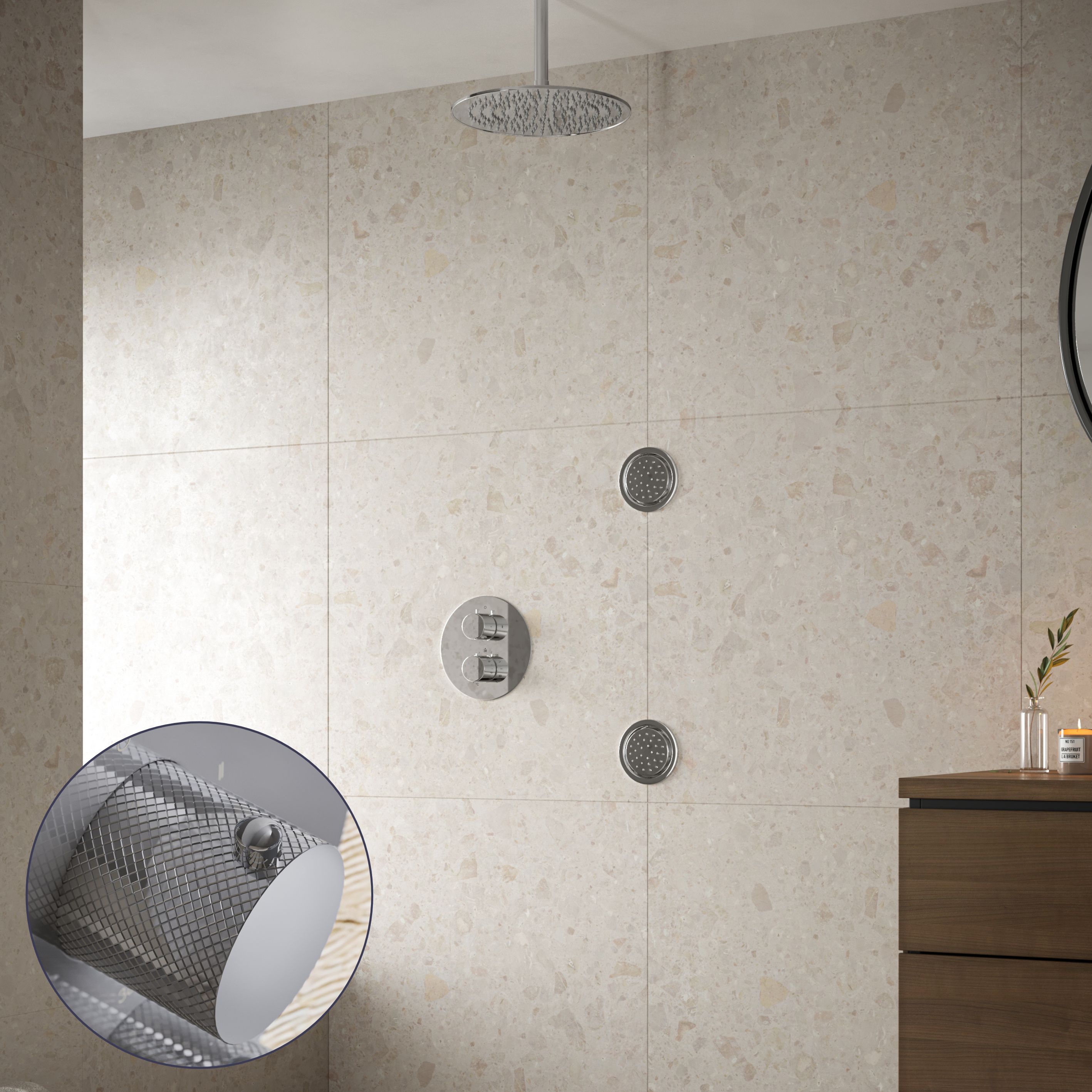 Saniclear Talpa Curved inbouw regendouche 20cm met ronde massagejets en plafondarm chroom