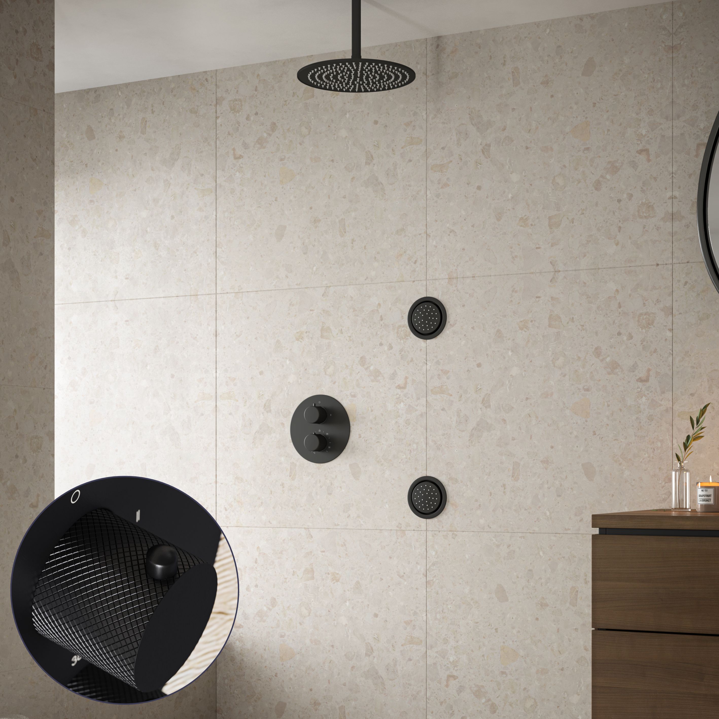 Saniclear Nero Curved inbouw regendouche 20cm met ronde massagejets en plafondarm zwart mat