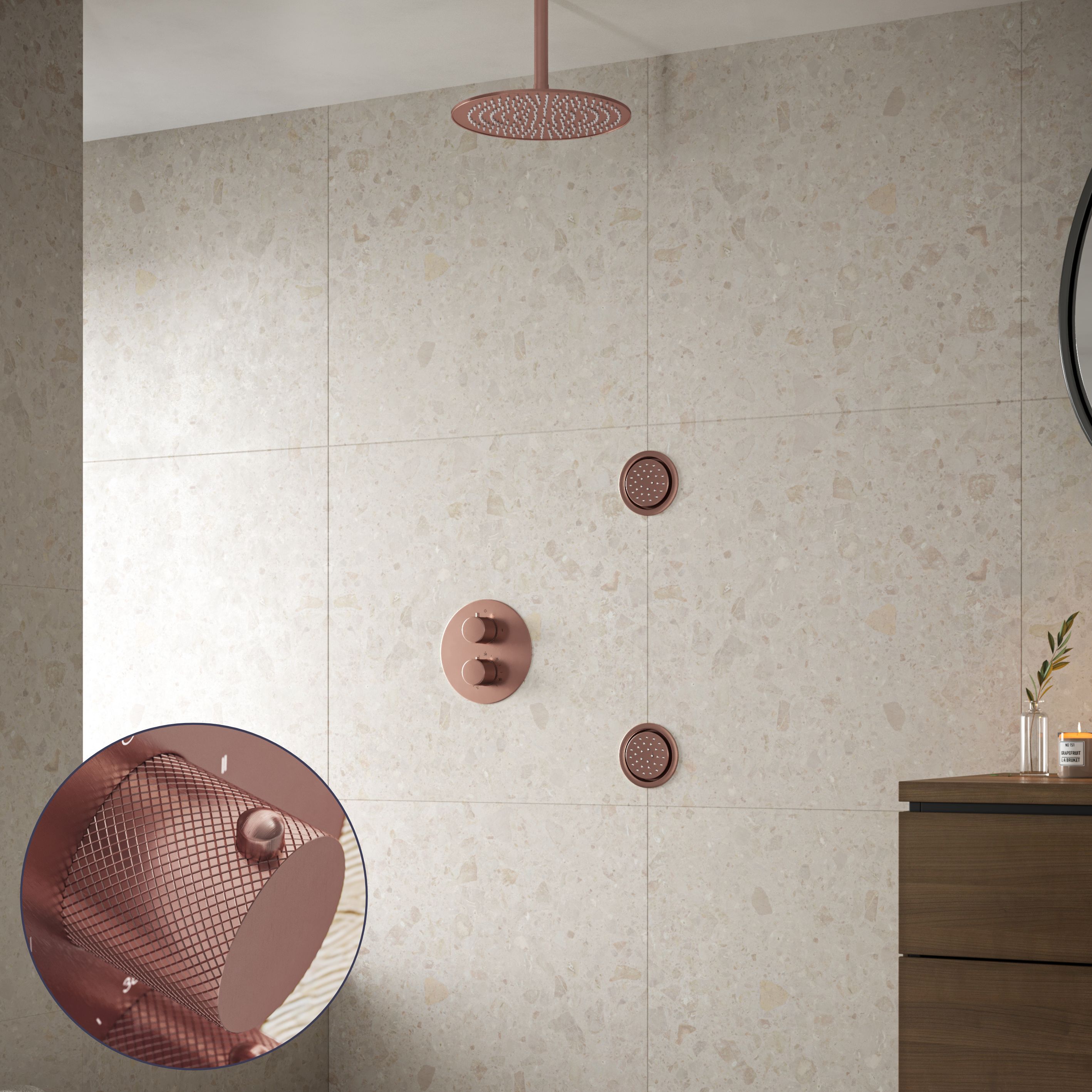 Saniclear Copper Curved inbouw regendouche 20cm met ronde massagejets en plafondarm geborsteld koper