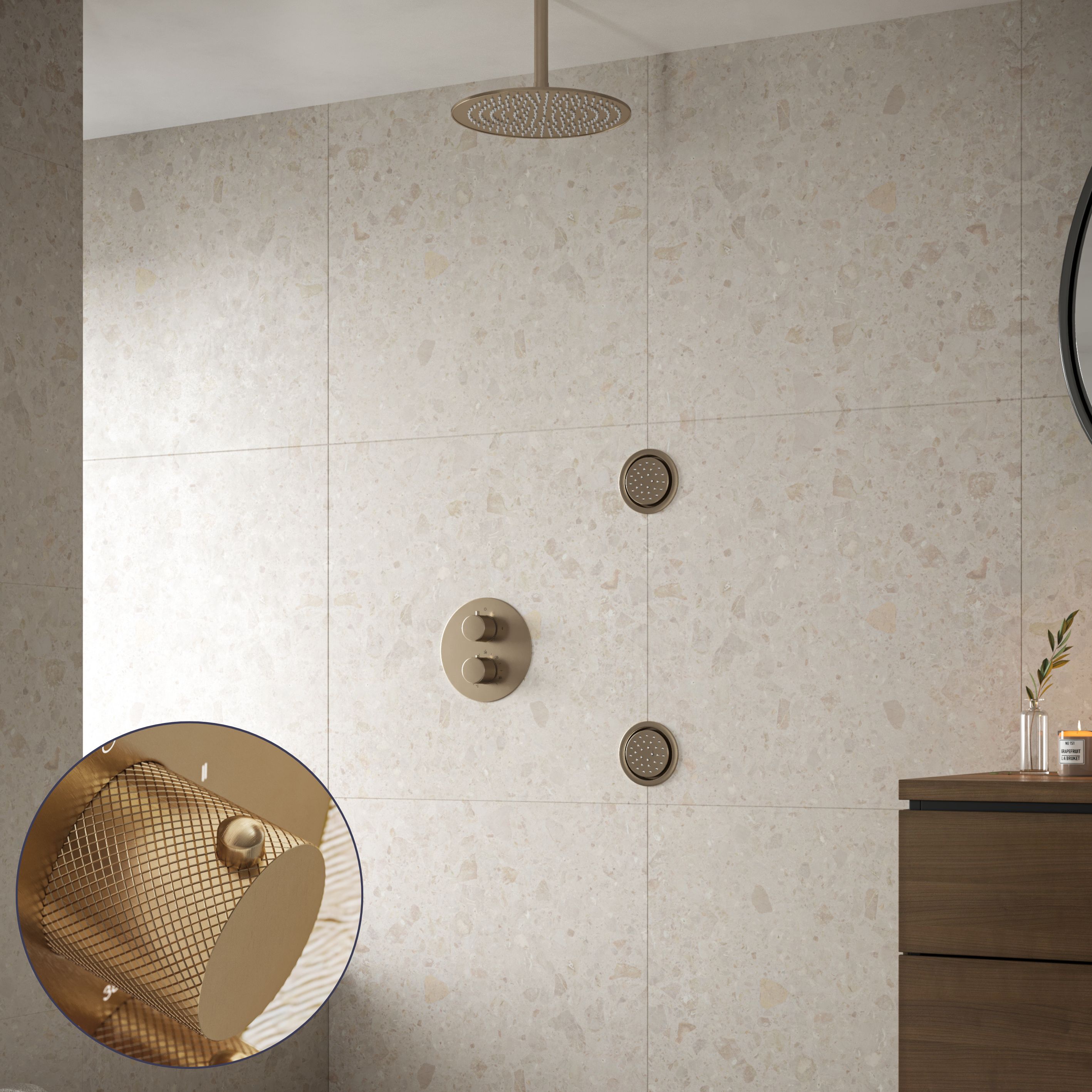 Saniclear Brass Curved inbouw regendouche 20cm met ronde massagejets en plafondarm geborsteld messing - mat goud