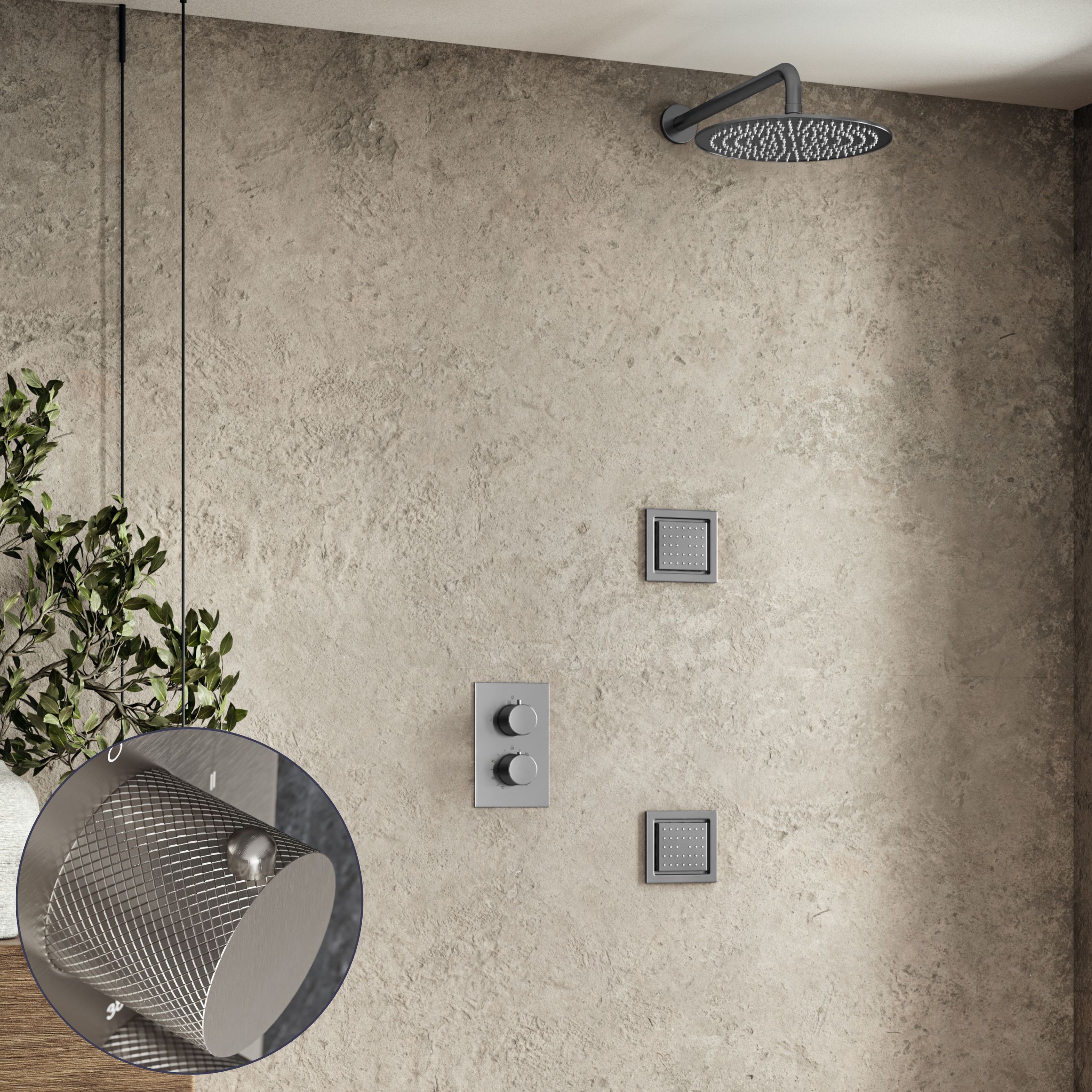 Saniclear Exclusive Curved inbouw regendouche 20cm met vierkante massagejets en muurarm RVS