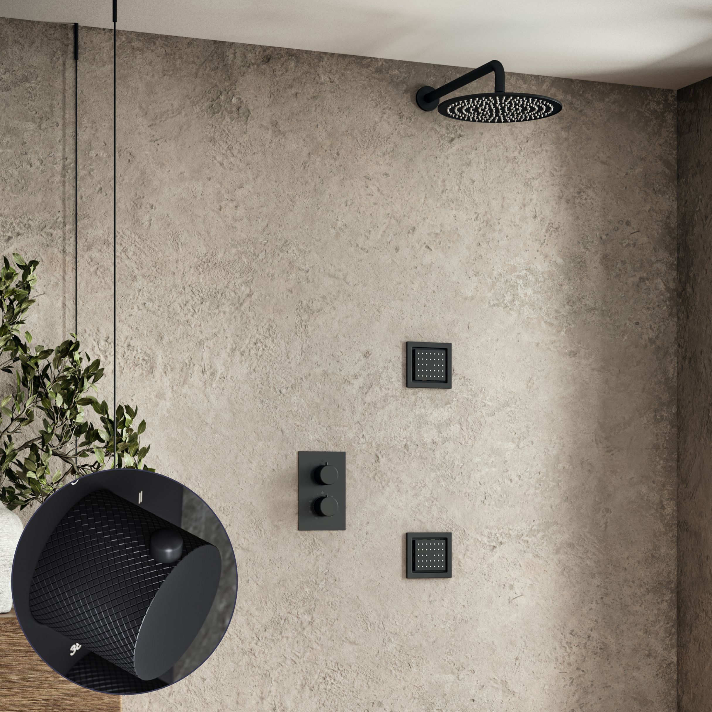 Saniclear Nero Curved inbouw regendouche 20cm met vierkante massagejets en muurarm zwart mat