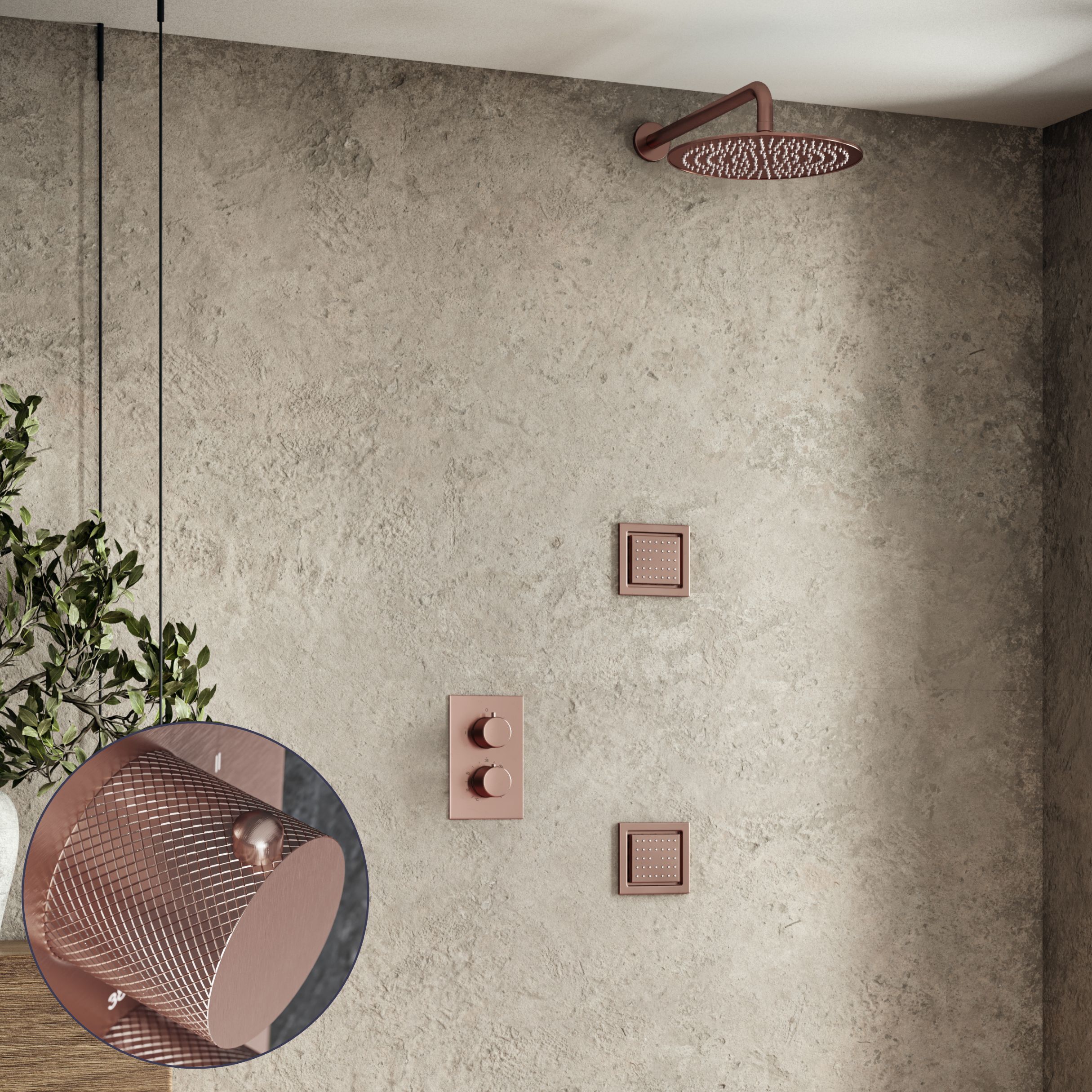 Saniclear Copper Curved inbouw regendouche 20cm met vierkante massagejets en muurarm geborsteld koper