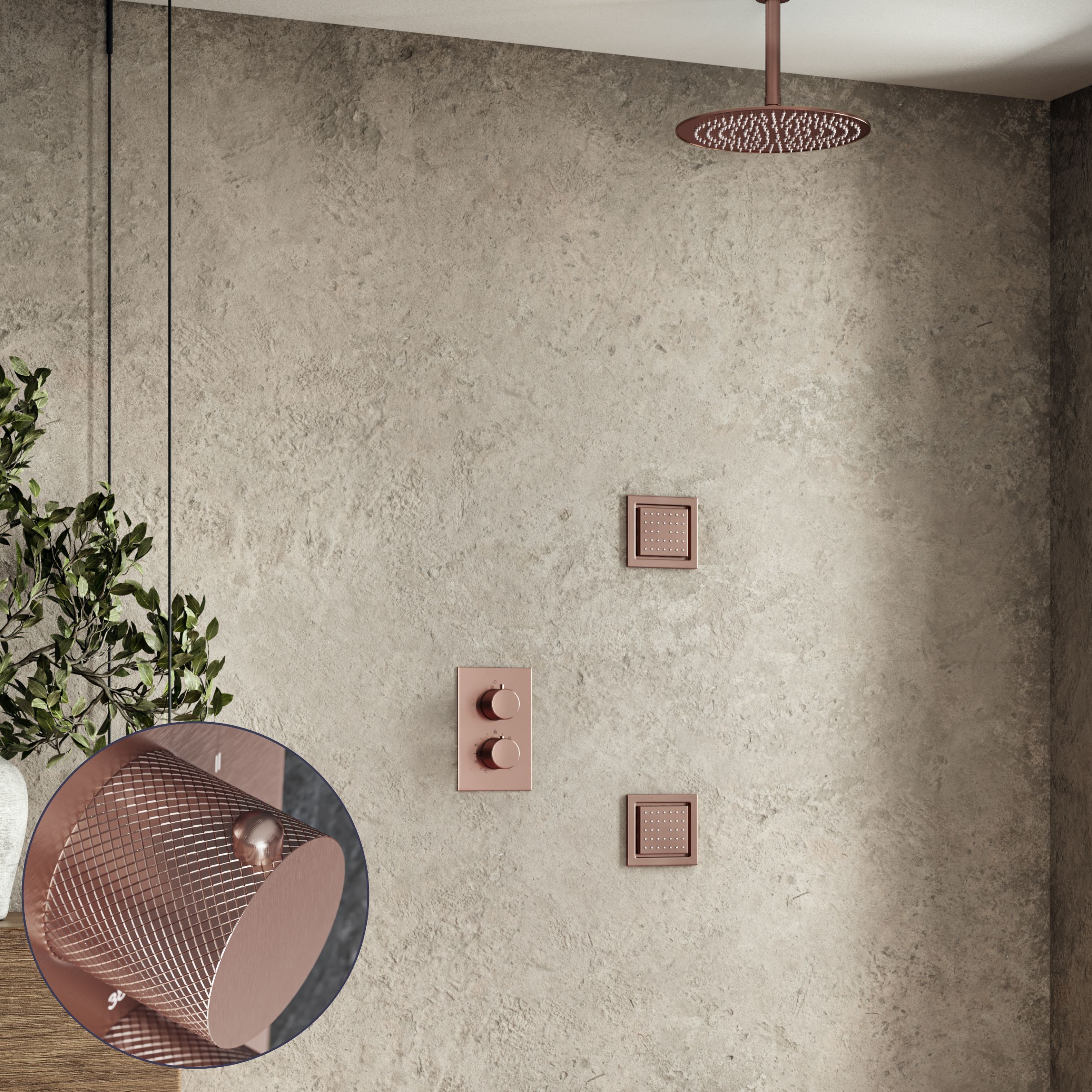 Saniclear Copper Curved inbouw regendouche 20cm met vierkante massagejets en plafondarm geborsteld koper