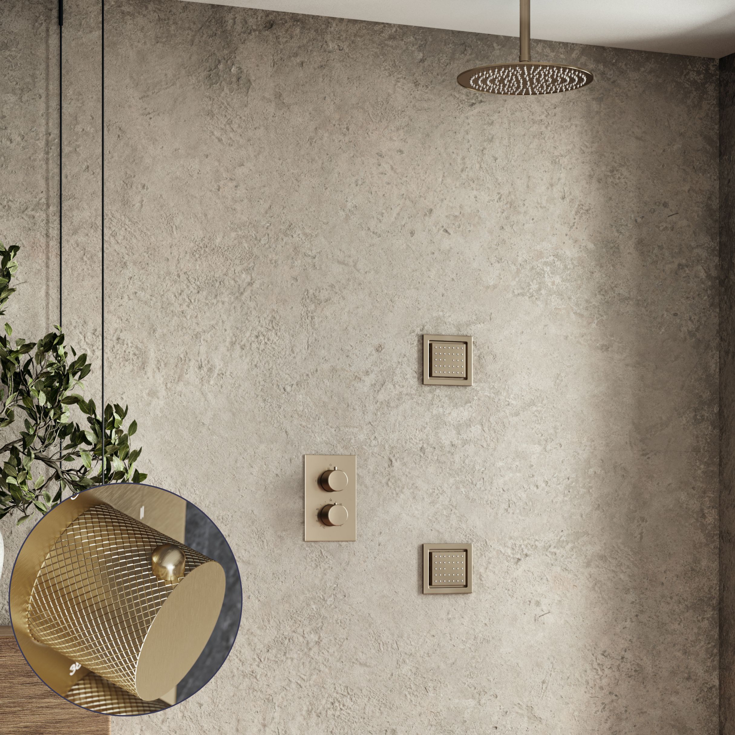 Saniclear Brass Curved inbouw regendouche 20cm met vierkante massagejets en plafondarm geborsteld messing - mat goud