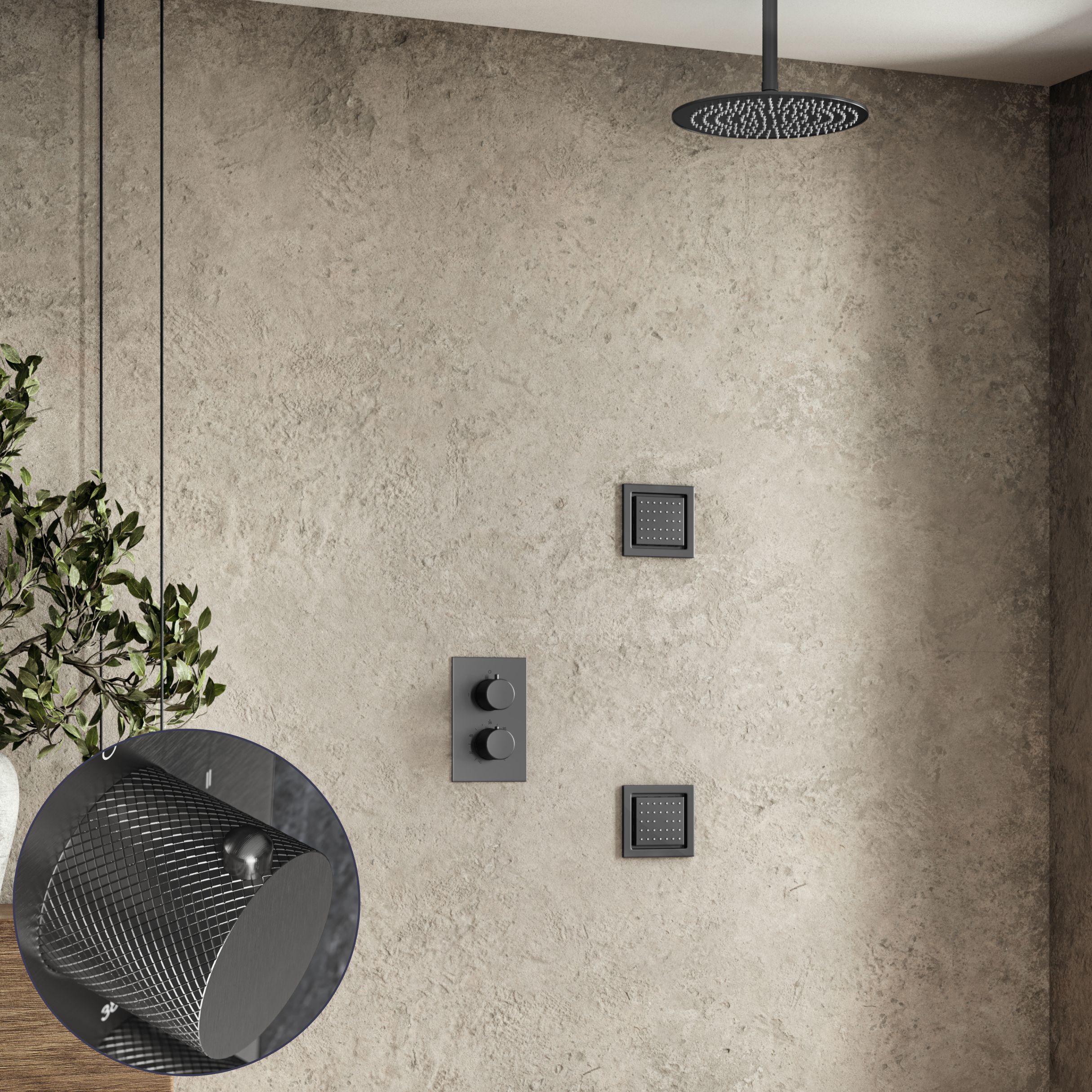Saniclear Iron Curved inbouw regendouche 30cm met vierkante massagejets en plafondarm verouderd ijzer - gunmetal