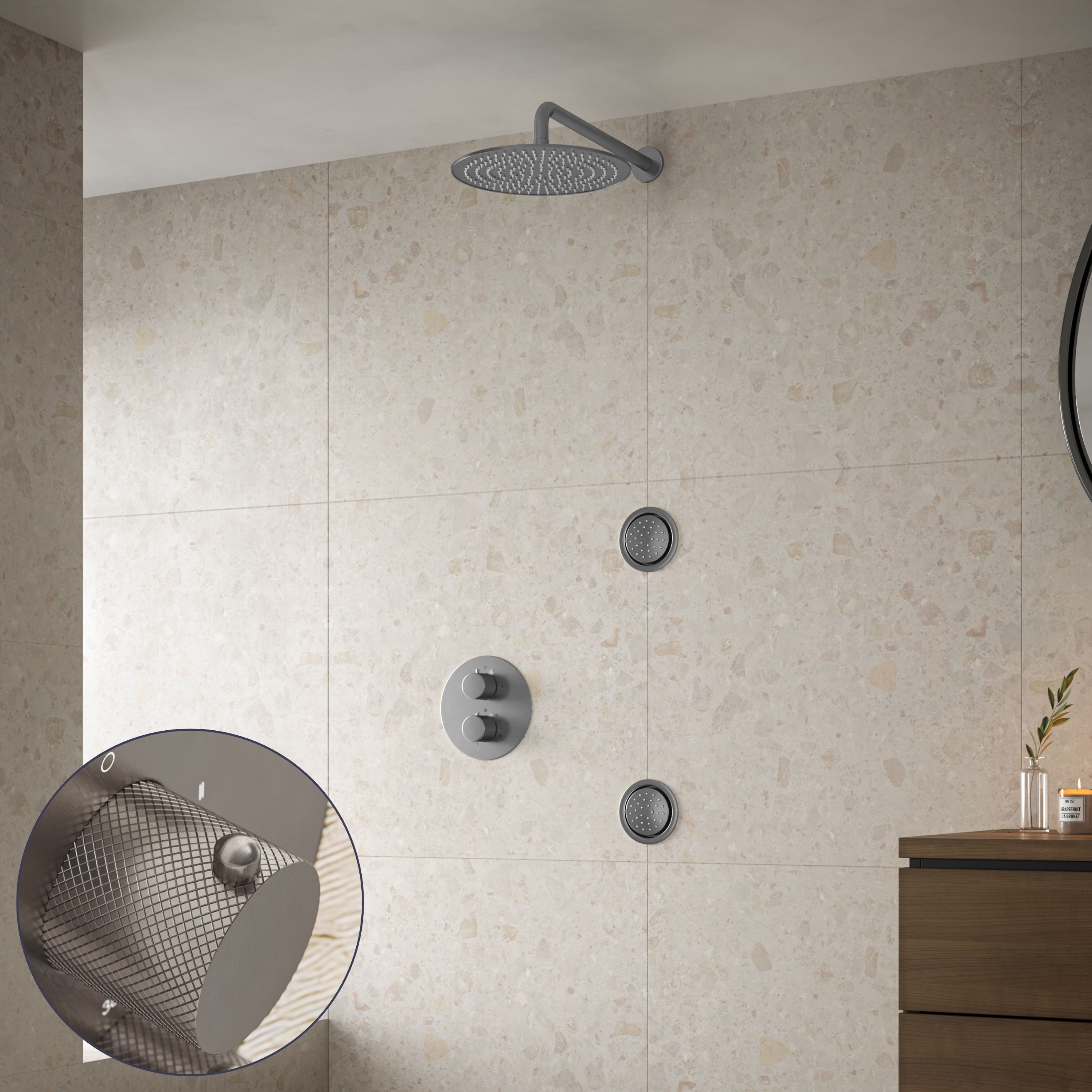 Saniclear Exclusive Curved inbouw regendouche 30cm met ronde massagejets en muurarm RVS