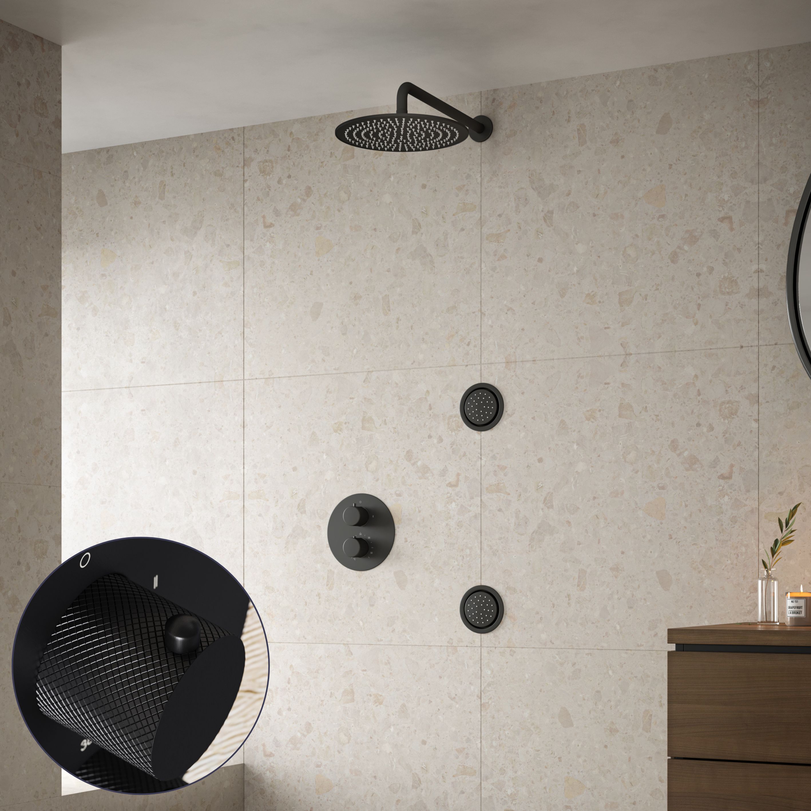 Saniclear Nero Curved inbouw regendouche 30cm met ronde massagejets en muurarm zwart mat