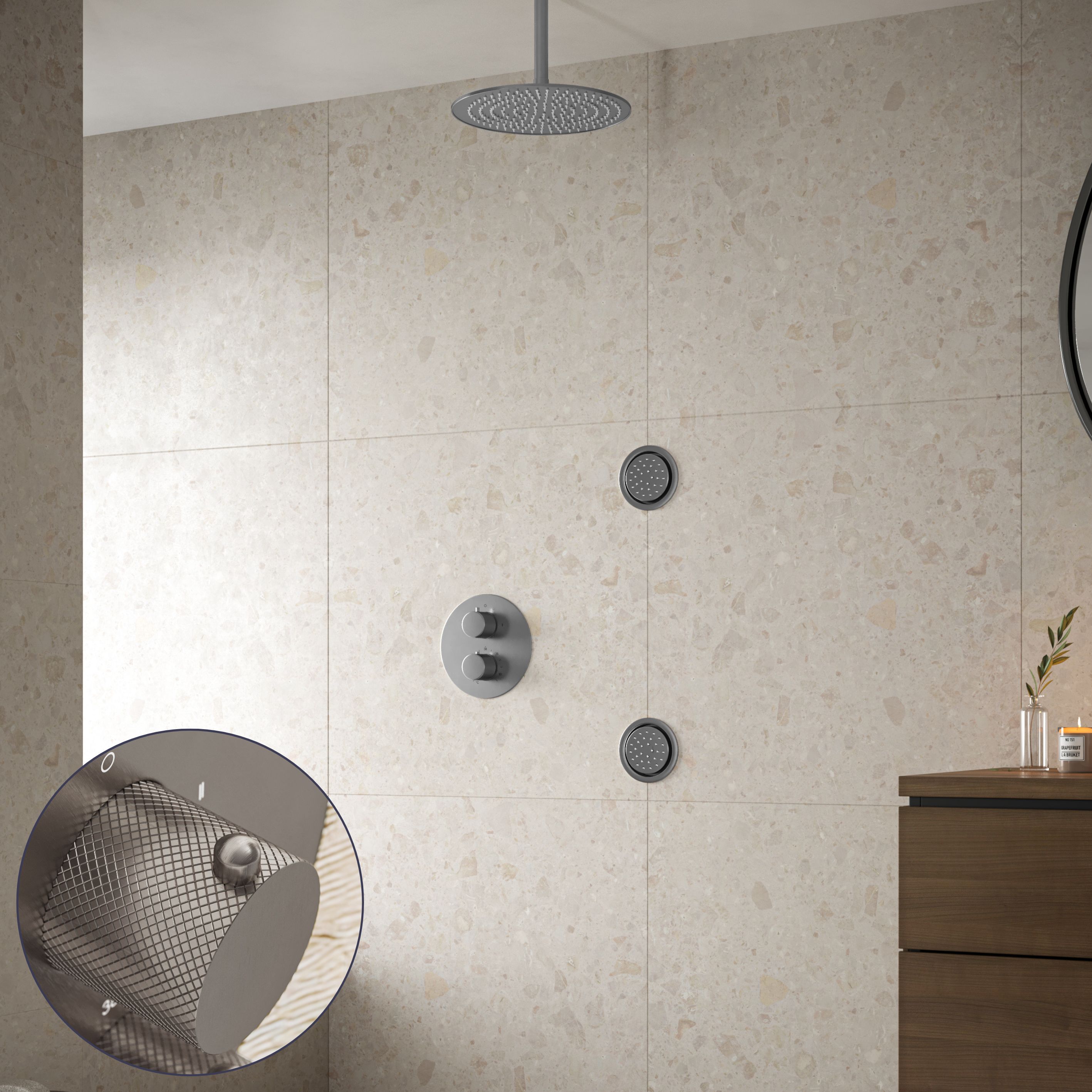 Saniclear Exclusive Curved inbouw regendouche 30cm met ronde massagejets en plafondarm RVS