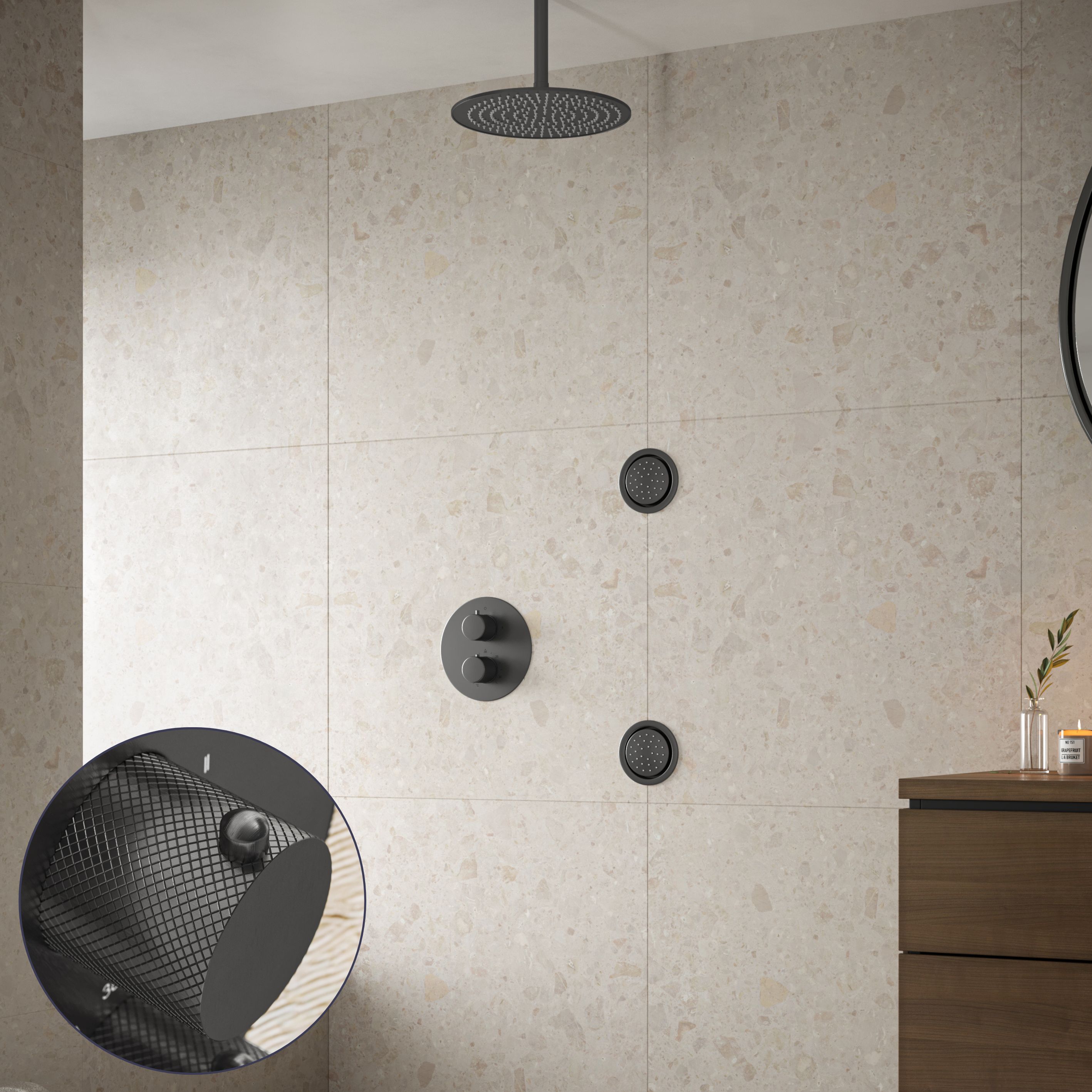 Saniclear Iron Curved inbouw regendouche 30cm met ronde massagejets en plafondarm verouderd ijzer - gunmetal