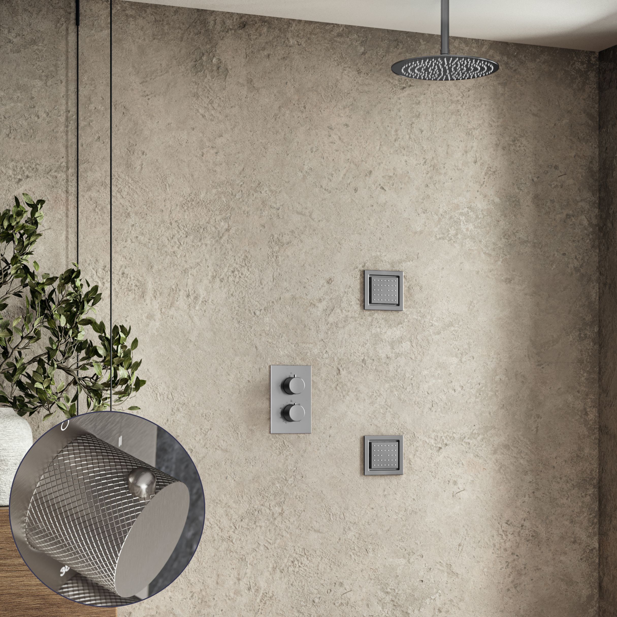 Saniclear Exclusive Curved inbouw regendouche 30cm met vierkante massagejets en plafondarm RVS
