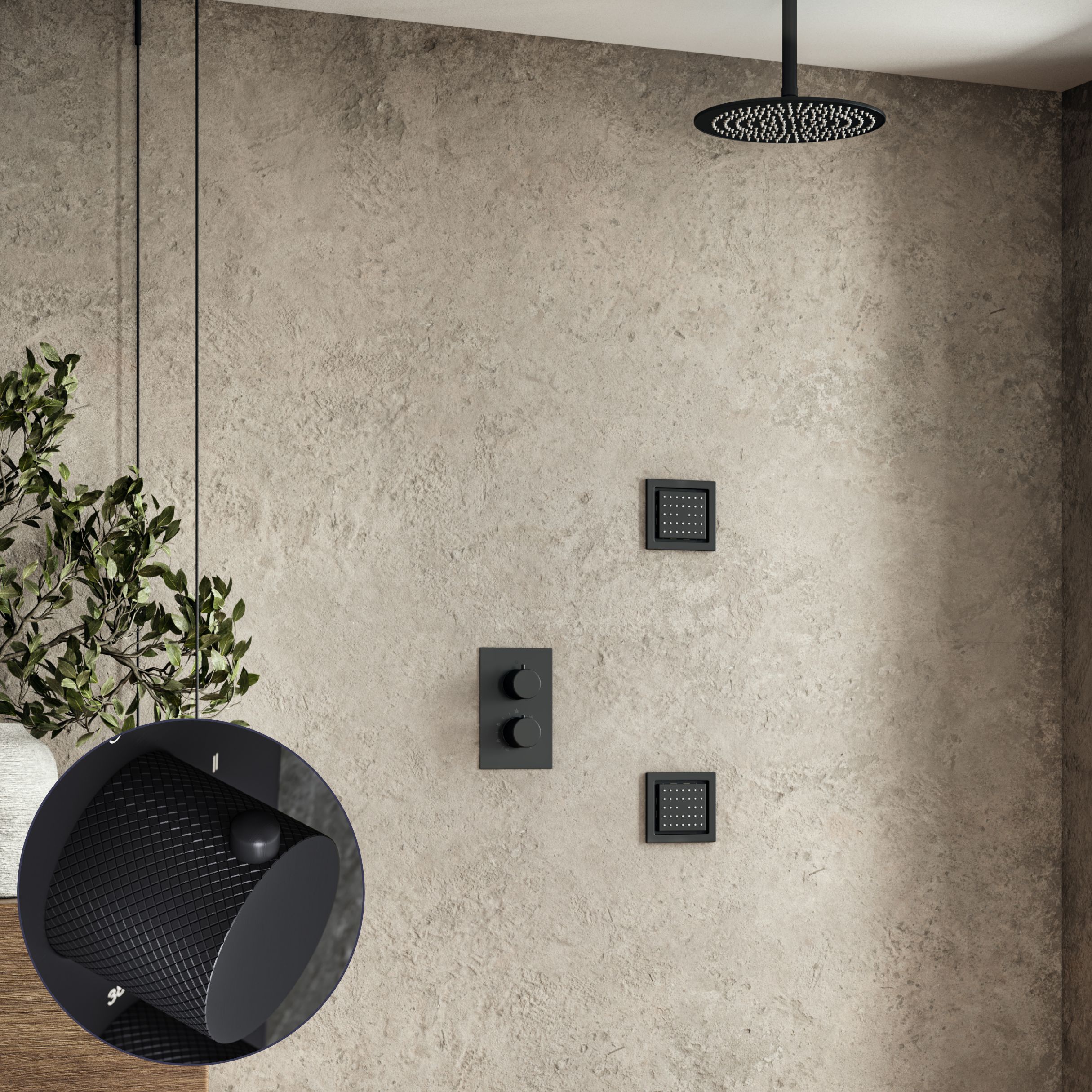 Saniclear Nero Curved inbouw regendouche 30cm met vierkante massagejets en plafondarm zwart mat
