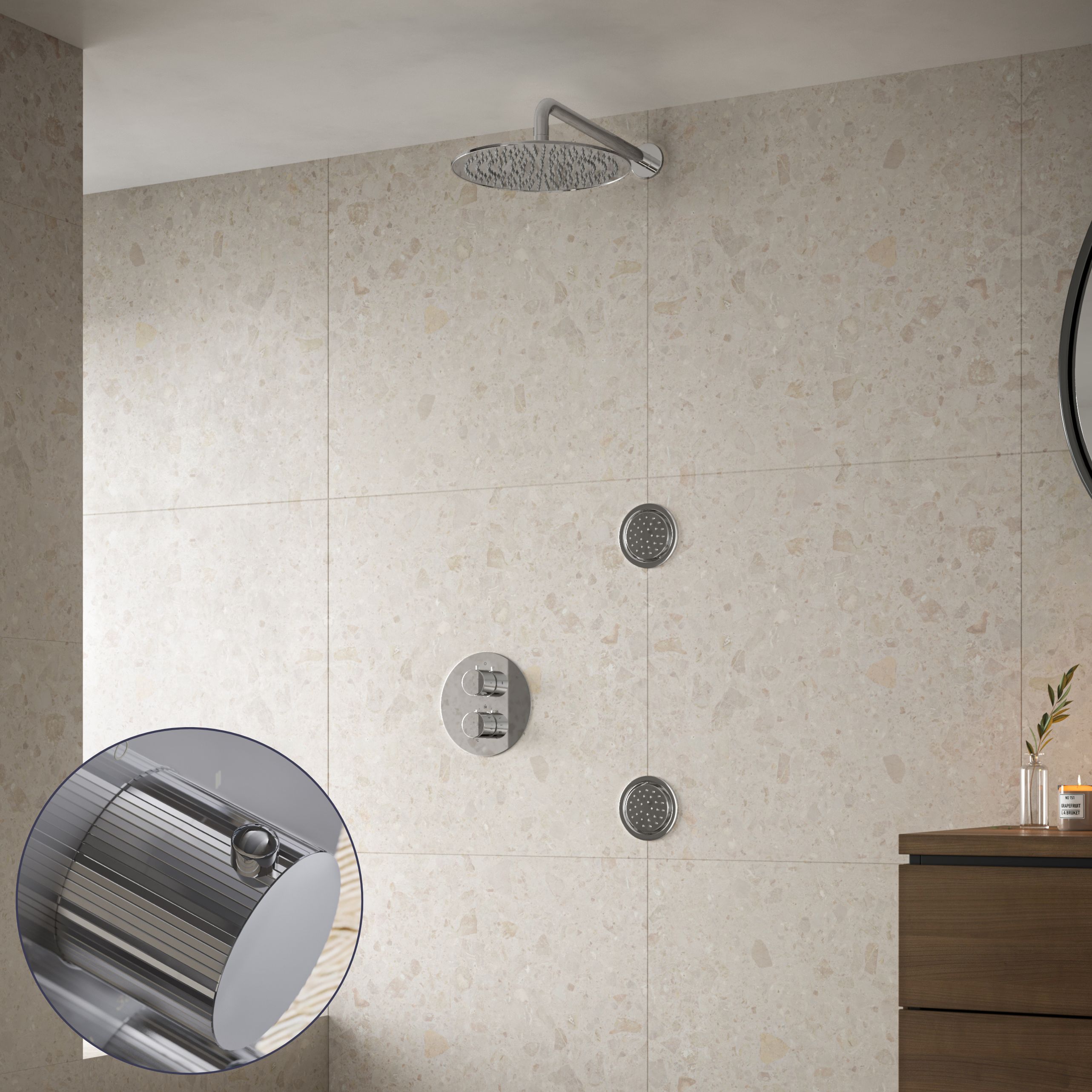 Saniclear Talpa Stripes inbouw regendouche 20cm met ronde massagejets en muurarm chroom