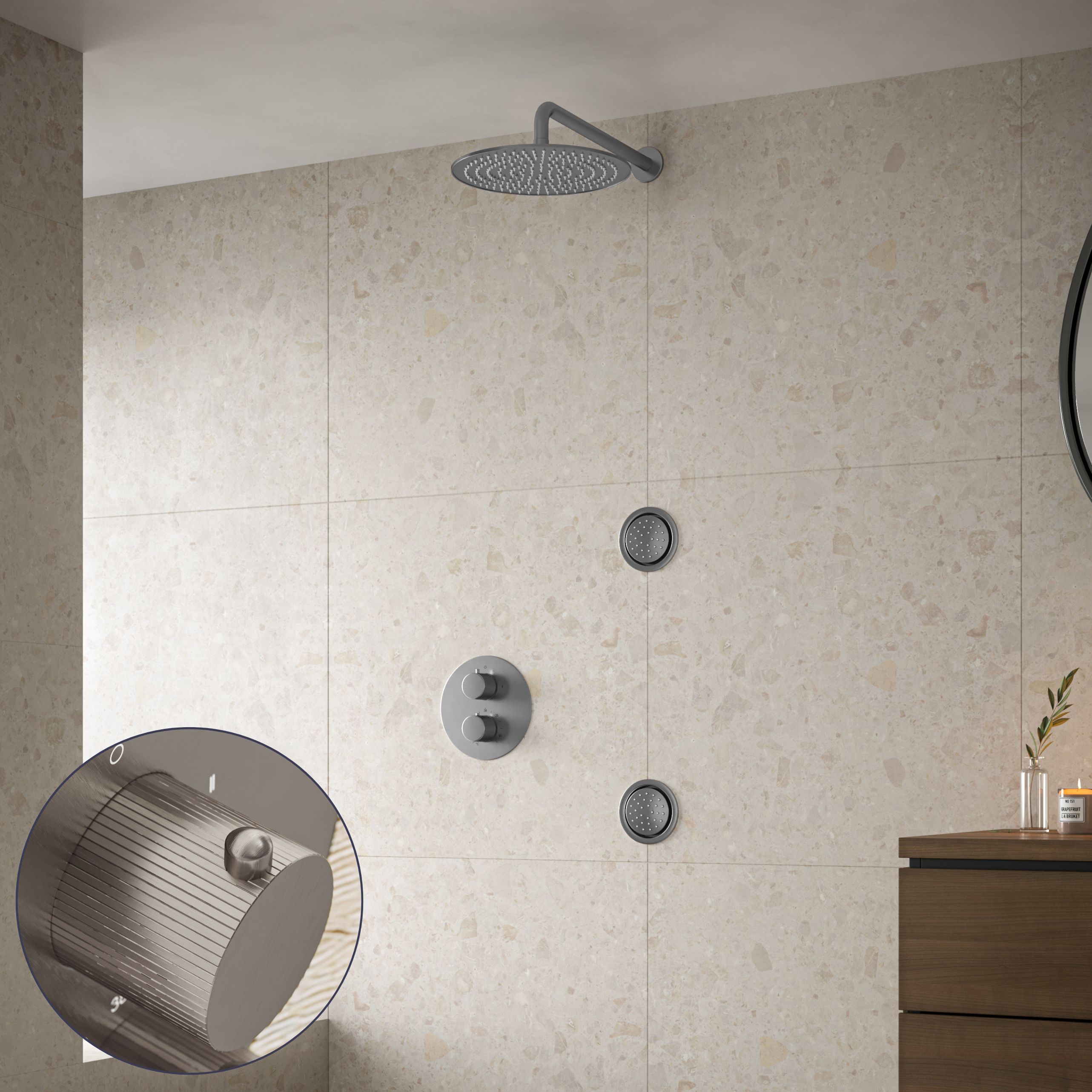 Saniclear Exclusive Stripes inbouw regendouche 30cm met ronde massagejets en muurarm RVS