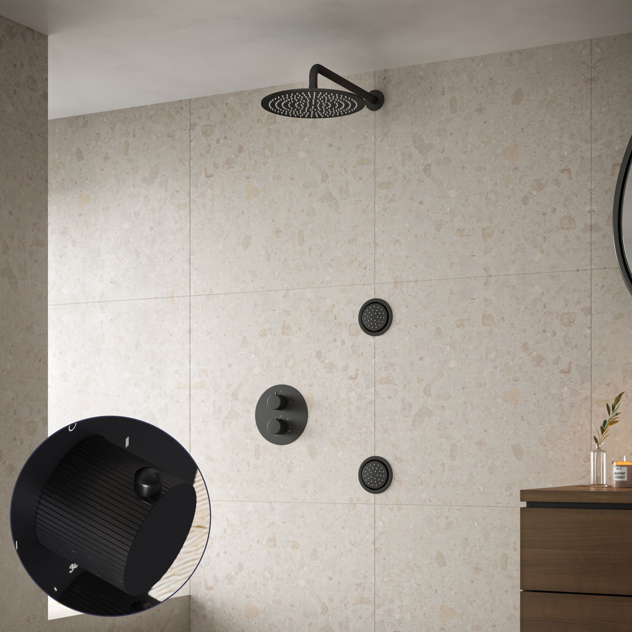 Saniclear Nero Stripes inbouw regendouche 30cm met ronde massagejets en muurarm zwart mat