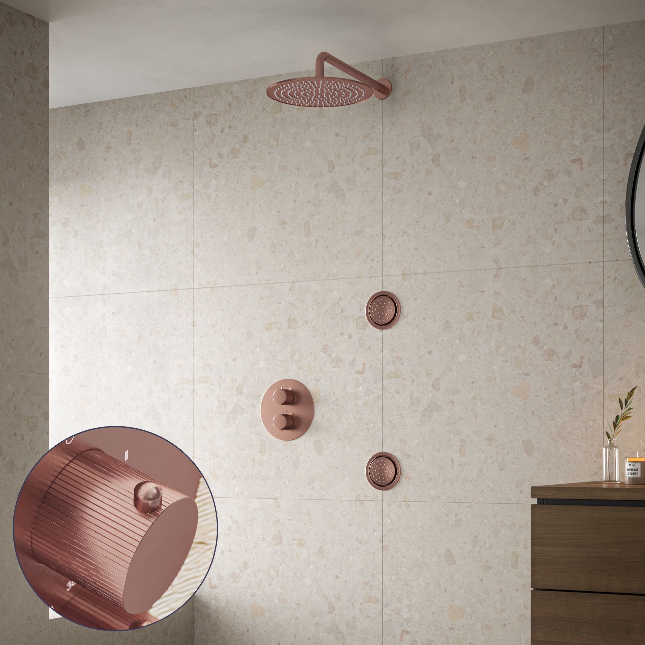 Saniclear Copper Stripes inbouw regendouche 20cm met ronde massagejets en muurarm geborsteld koper