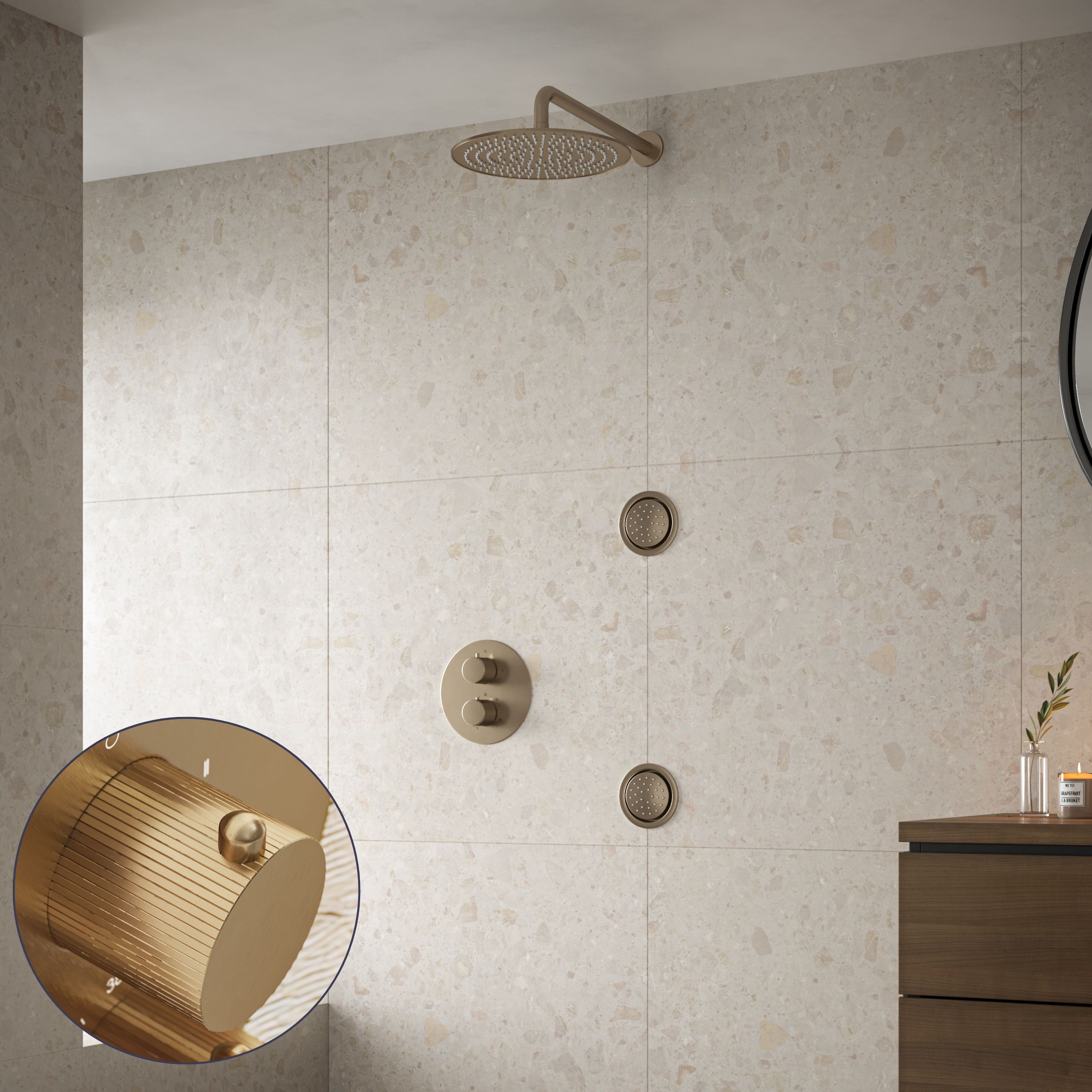 Saniclear Brass Stripes inbouw regendouche 20cm met ronde massagejets en muurarm geborsteld messing - mat goud