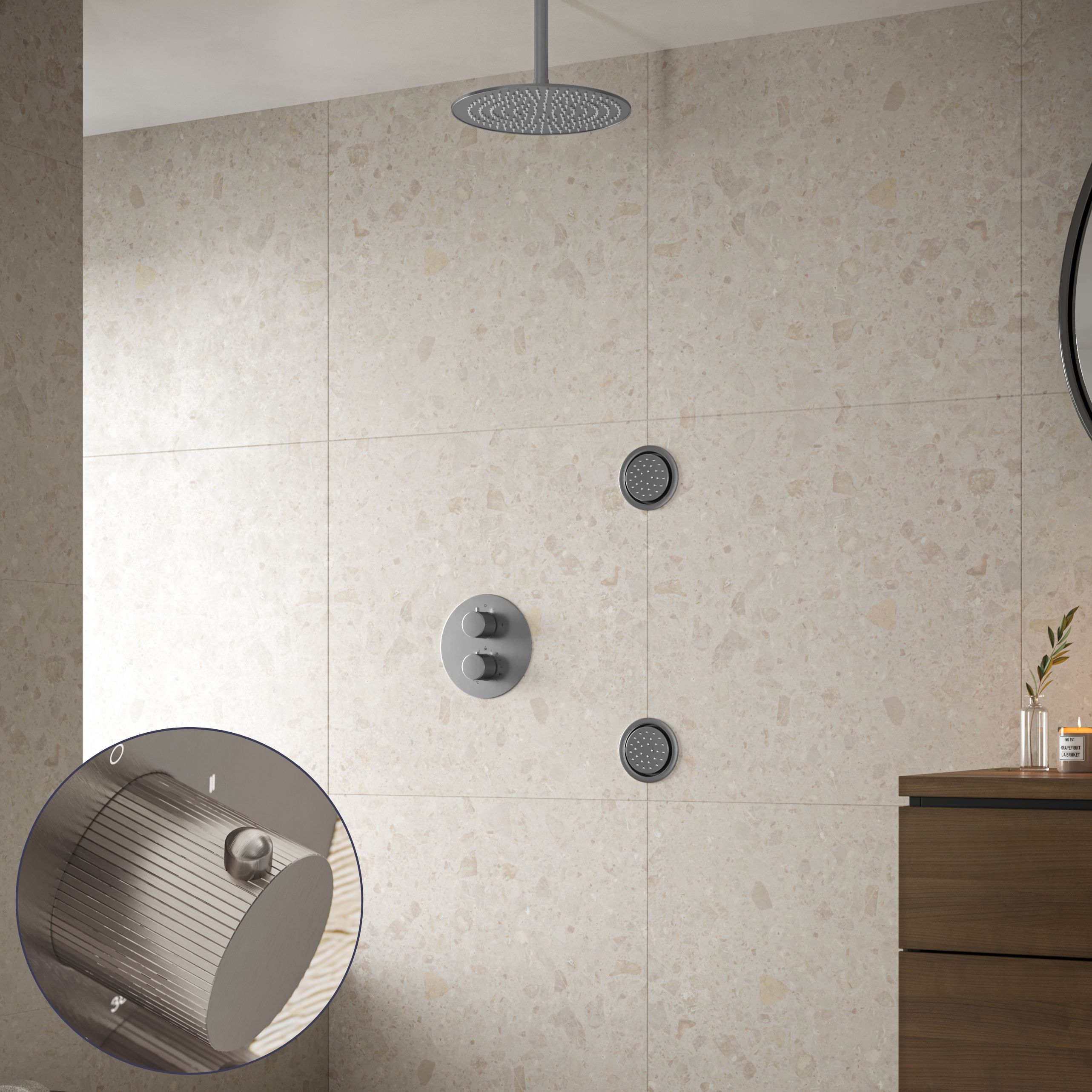 Saniclear Exclusive Stripes inbouw regendouche 30cm met ronde massagejets en plafondarm RVS