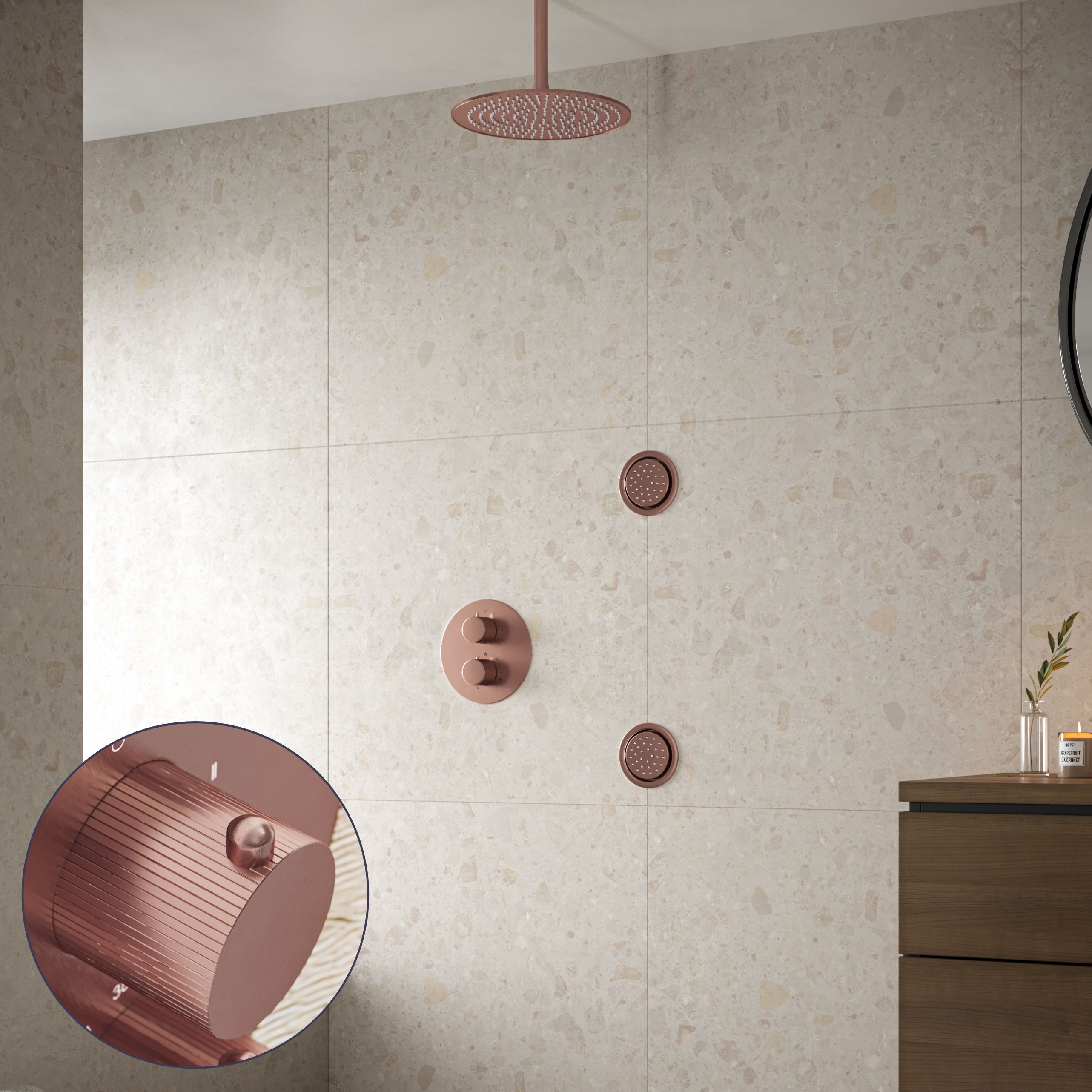 Saniclear Copper Stripes inbouw regendouche 20cm met ronde massagejets en plafondarm geborsteld koper