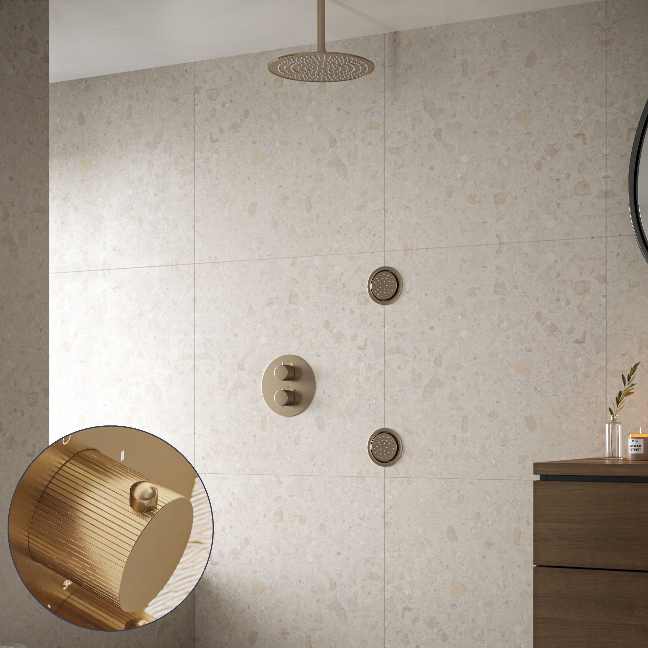 Saniclear Brass Stripes inbouw regendouche 20cm met ronde massagejets en plafondarm geborsteld messing - mat goud