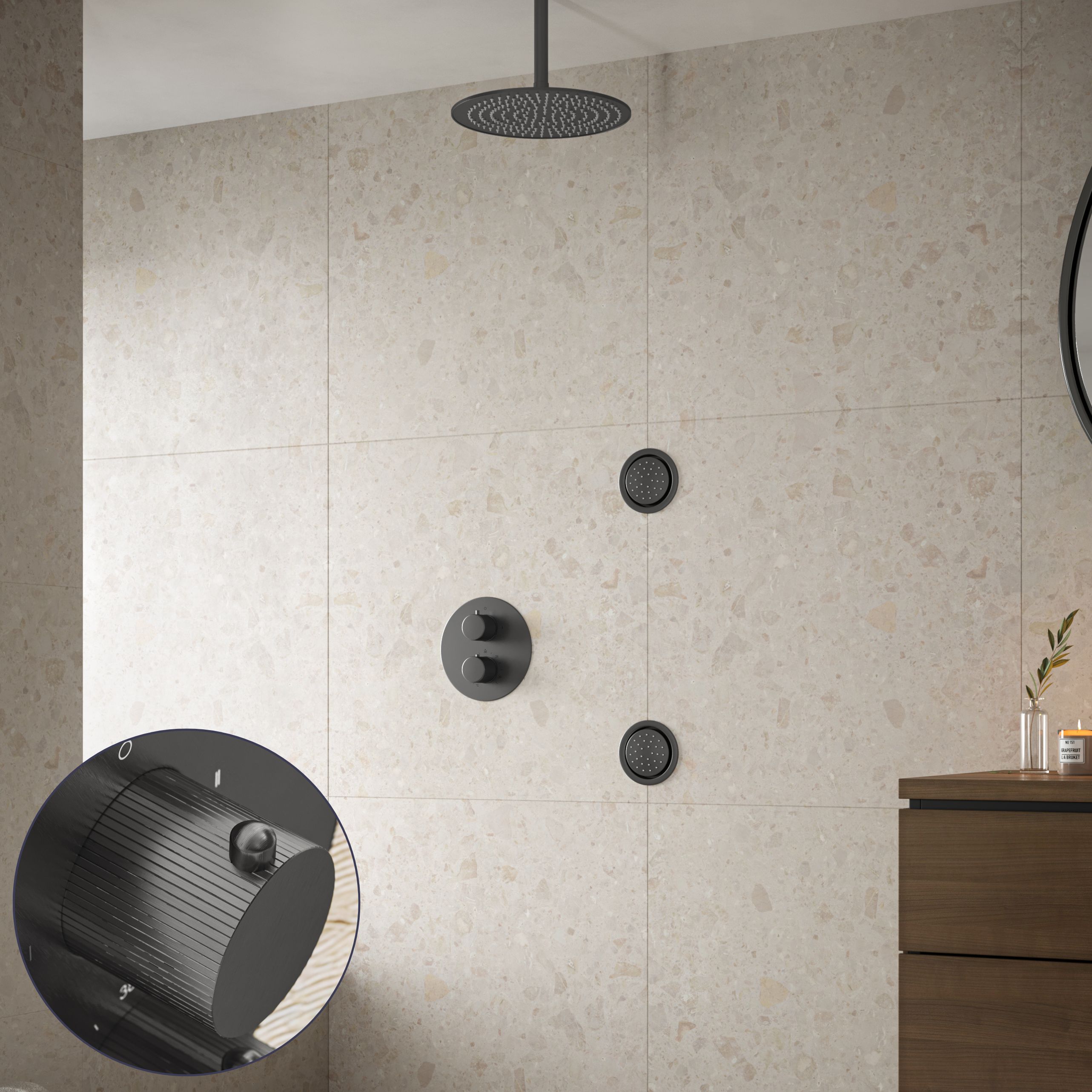 Saniclear Iron Stripes inbouw regendouche 30cm met ronde massagejets en plafondarm verouderd ijzer - gunmetal